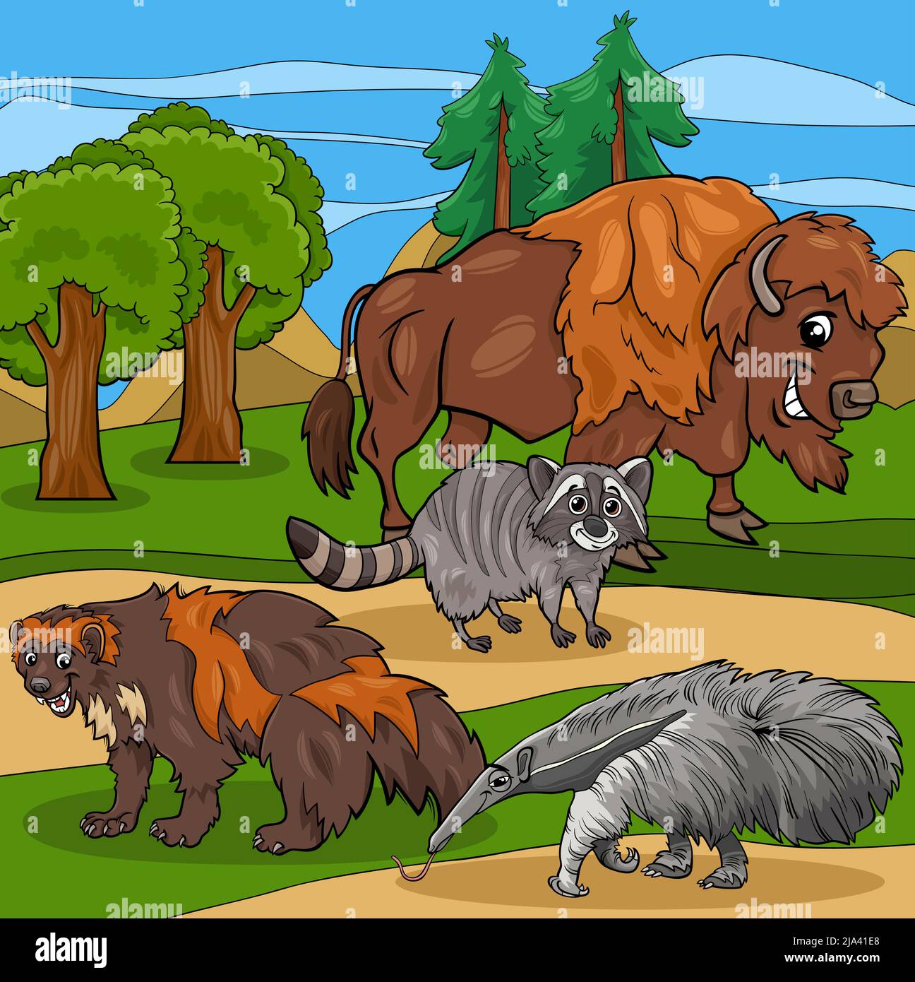 Cartoon Illustrationen von lustigen amerikanischen Tierfiguren Gruppe Stock Vektor