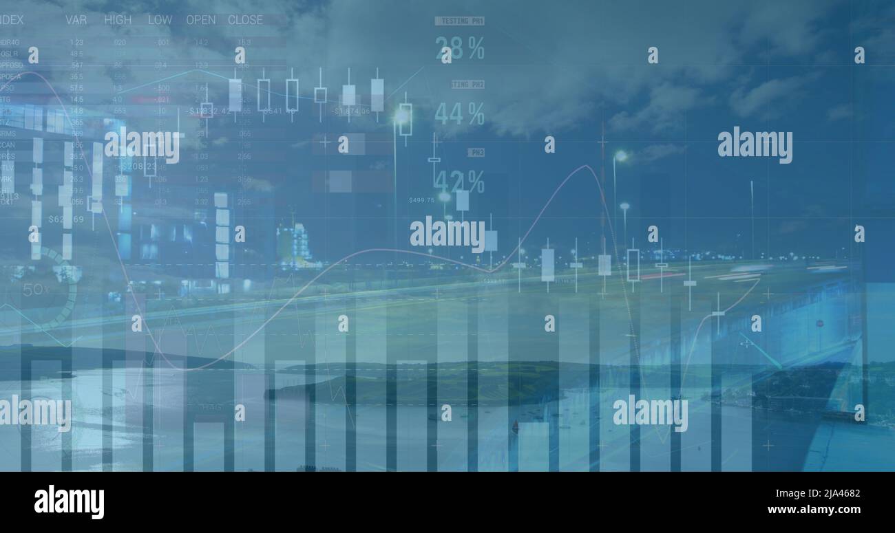 Bild der Datenverarbeitung über dem Stadtbild Stockfoto