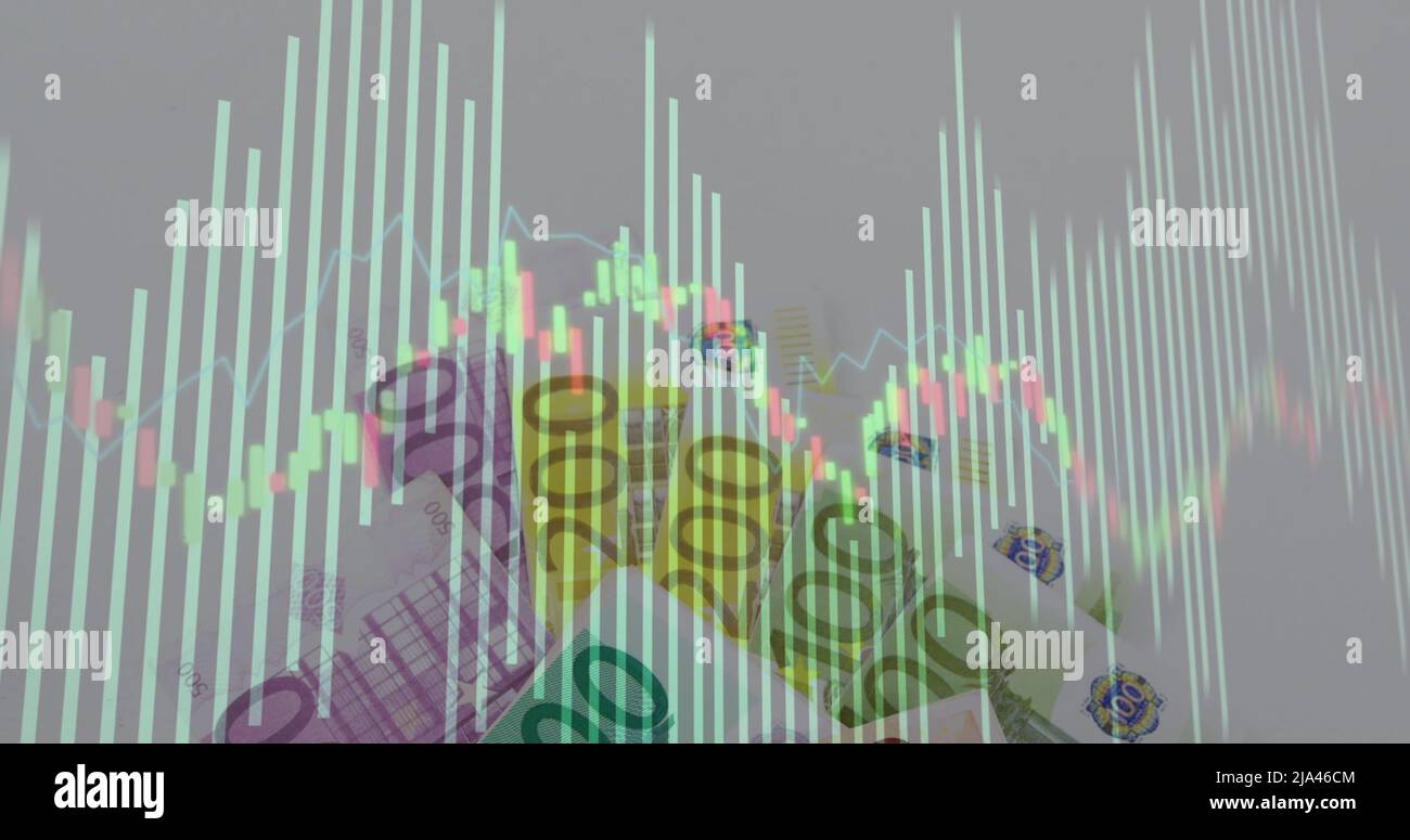 Bild der Datenverarbeitung über Banknoten Stockfoto
