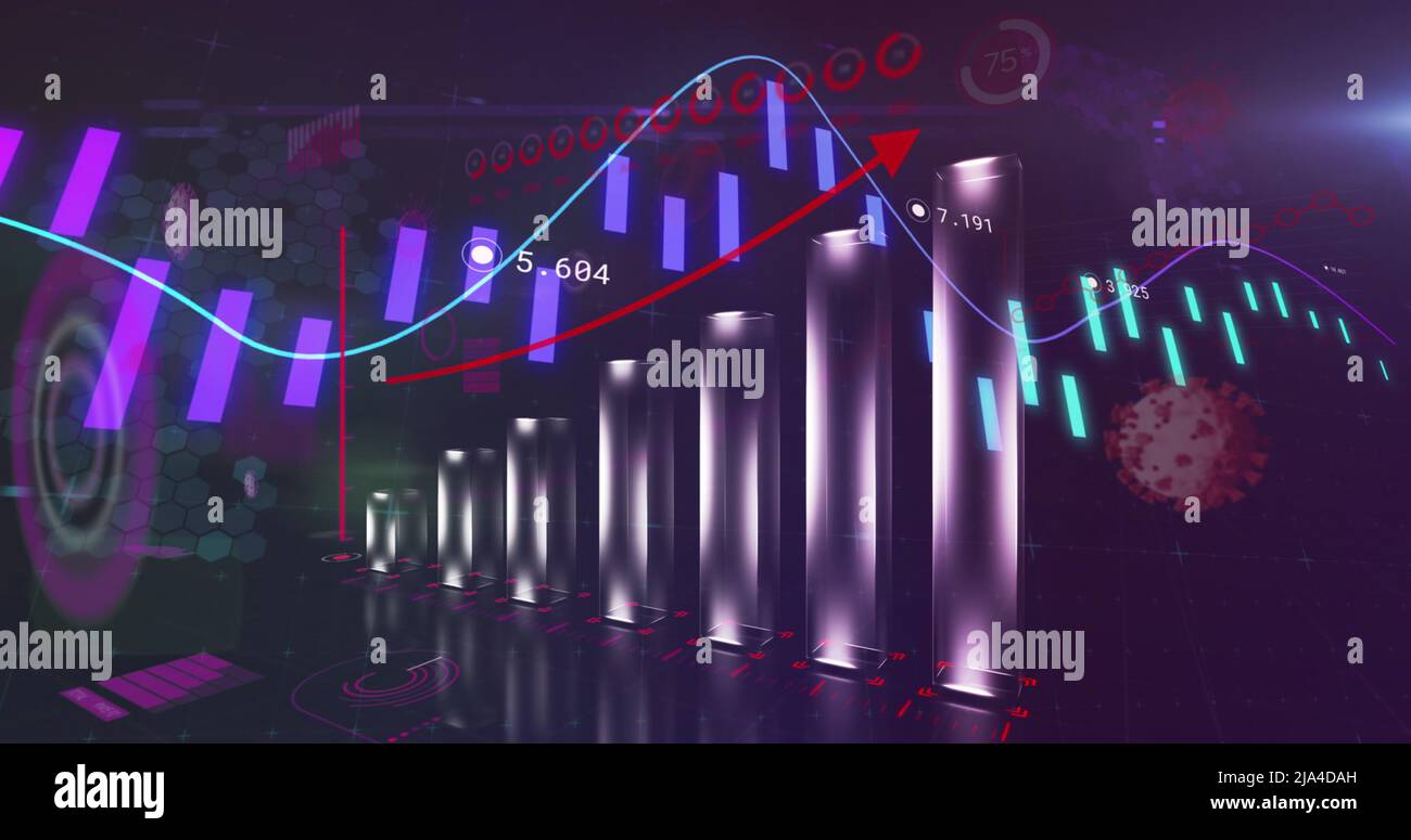 Bild von covid 19 Zellen und Statistik mit Datenverarbeitung Stockfoto