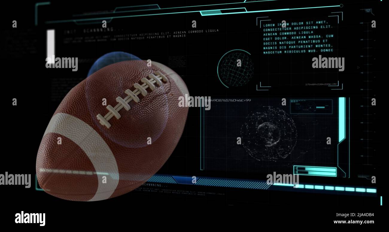Bild von american Football Ball über Datenverarbeitung auf schwarzem Hintergrund Stockfoto