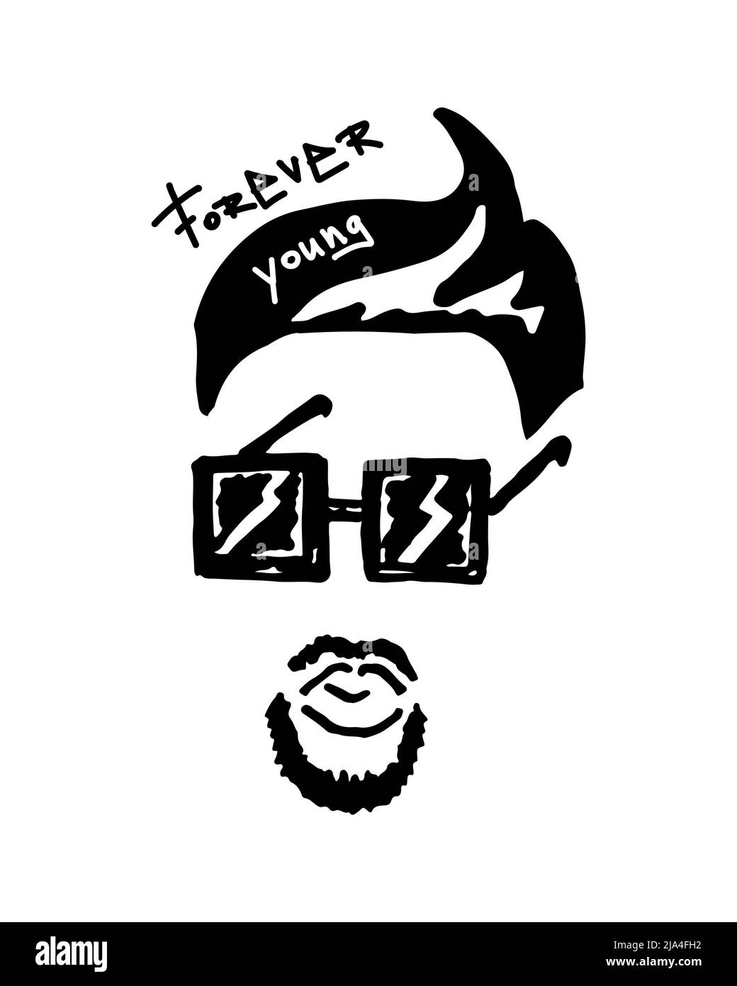 Handgezeichneter cooler Hipster-Mann mit Brillenvektor. Graffiti für immer jung. Beschriftung. Stock Vektor