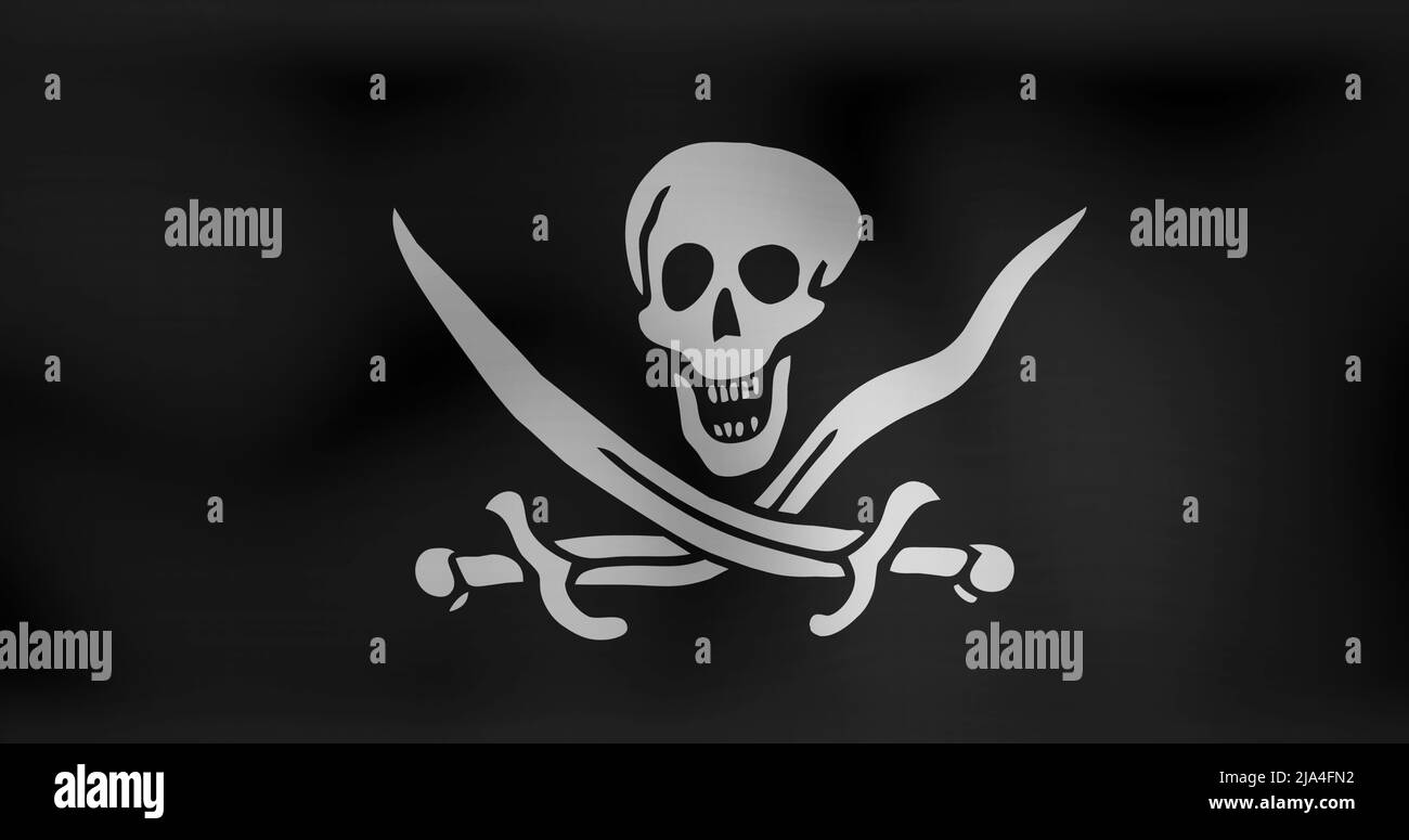 Bild der Piratenfahne mit Totenkopf und schwingenden Schwertern Stockfoto