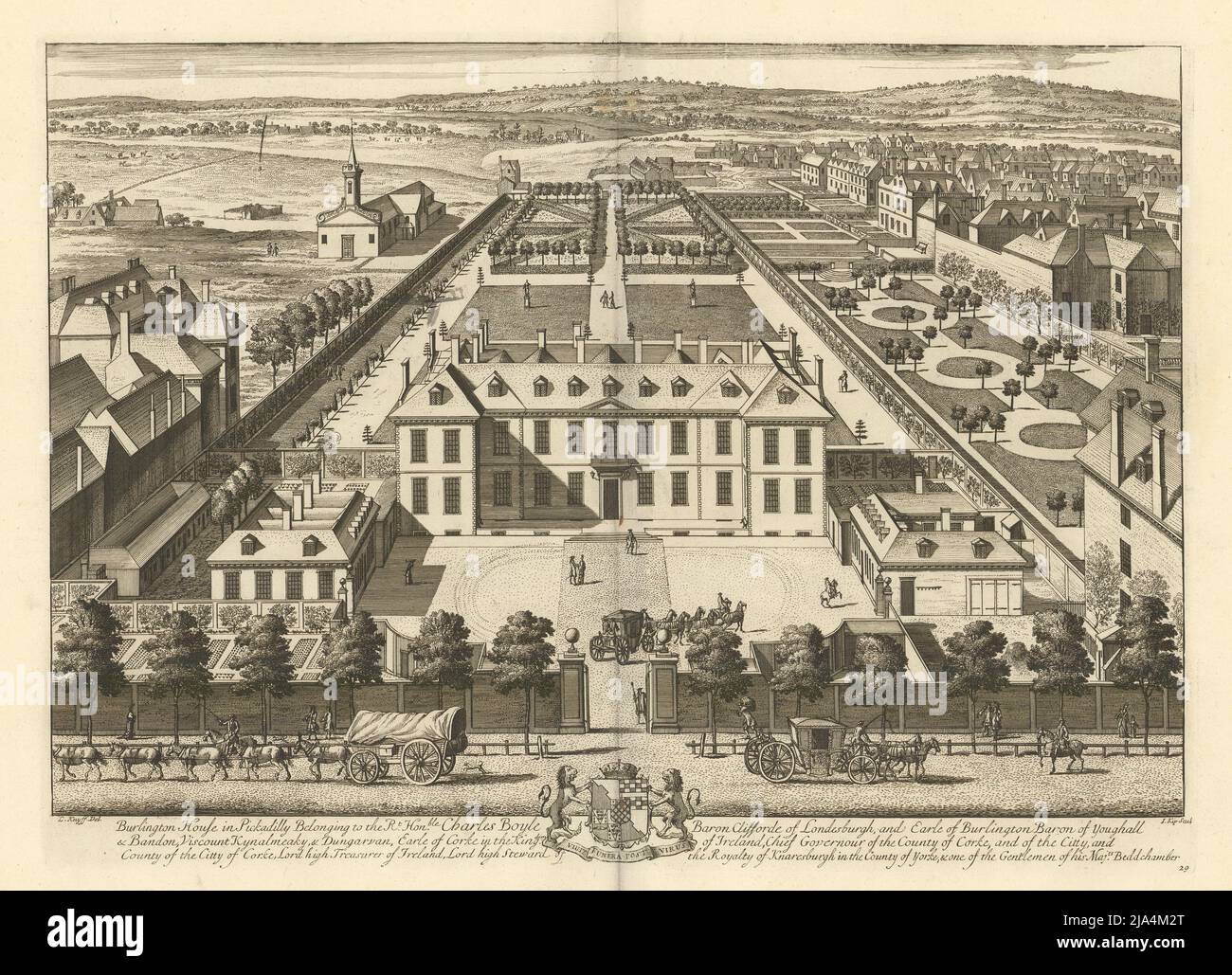 „Burlington House in Pickadilly“ von Kip & Knyff. Royal Academy, Piccadilly 1709 Stockfoto