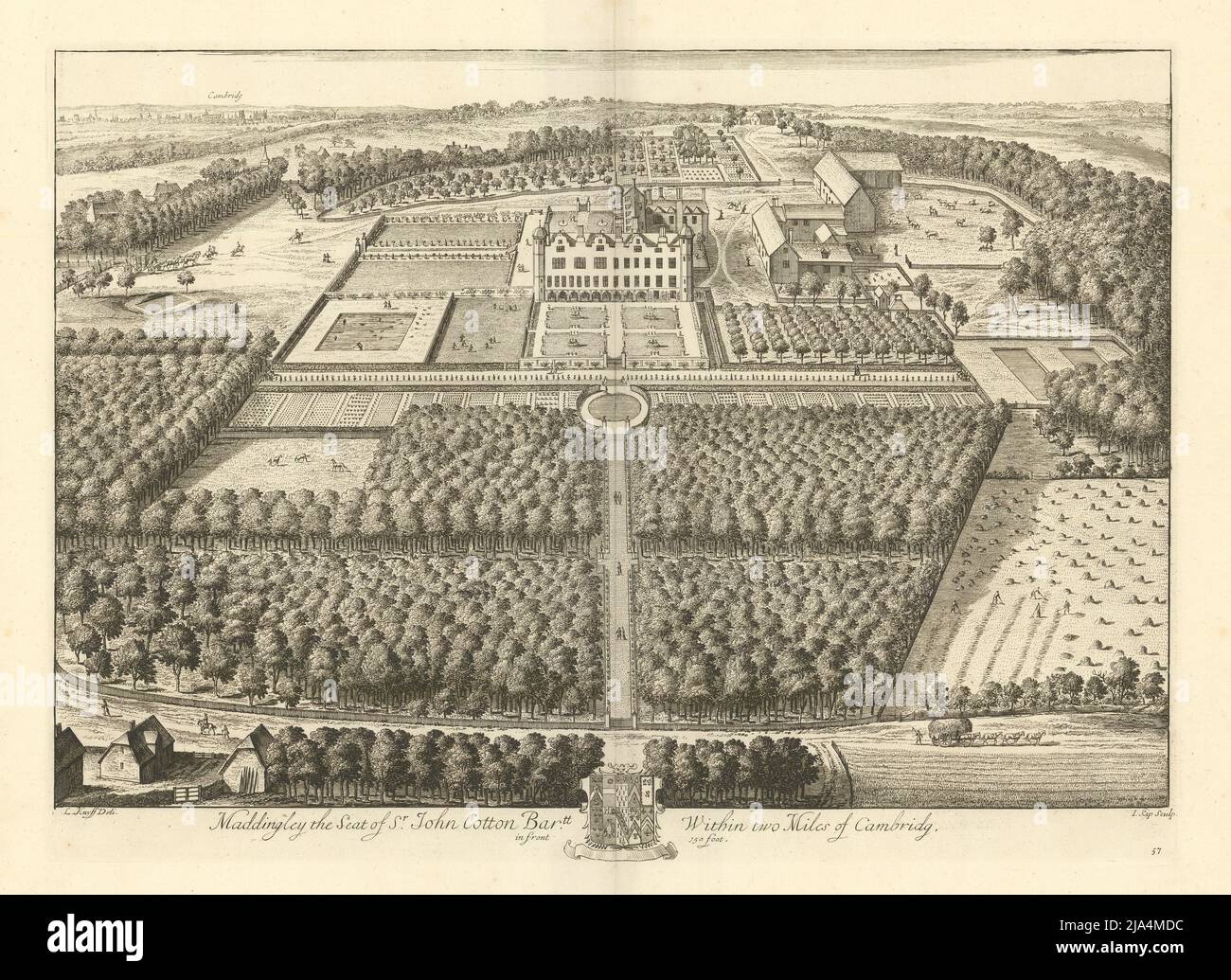 Madingley Hall, University of Cambridge von Kip & Knyff. „Maddingley“ 1709 Stockfoto