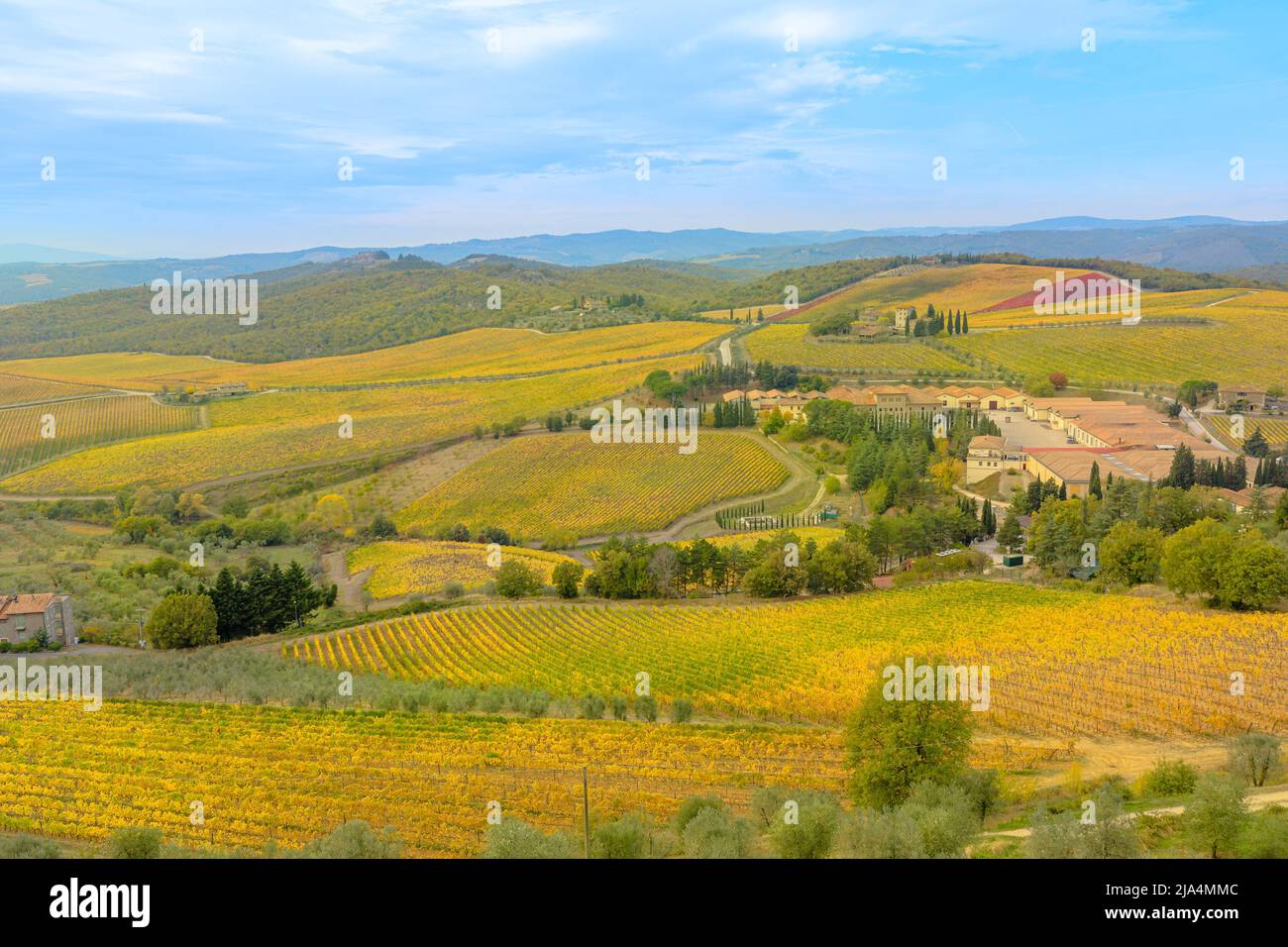 Toskana Weingut, ein Weindorf Radda in Chianti in Italien. Panoramablick auf die terrassenförmig angelegten Weinberge, die Chianti-Weinberge am Schloss brolio Stockfoto