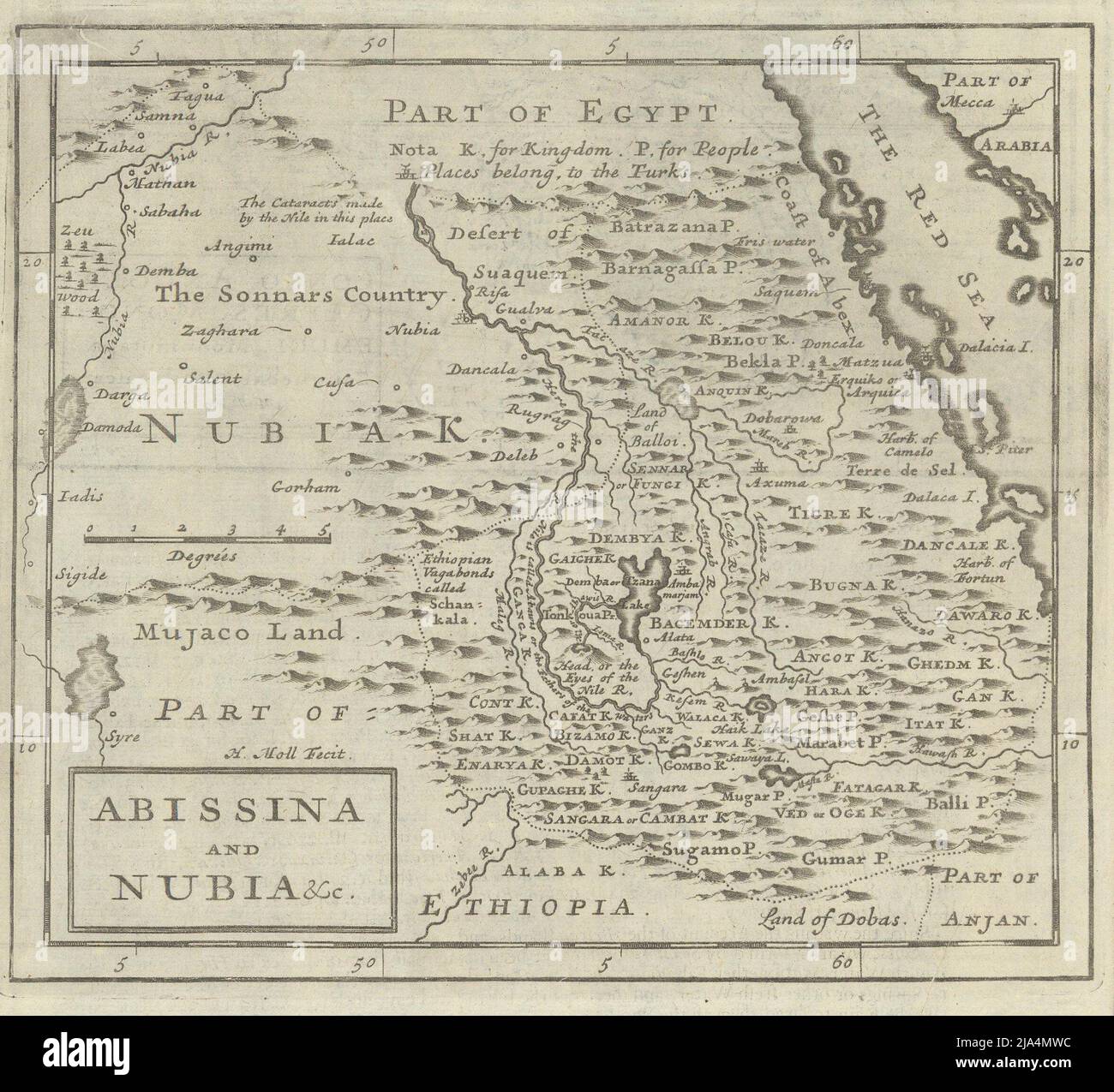 Abissinia und Nubia von Herman Moll. Äthiopien Eritrea Sudan Abessinien 1709 Karte Stockfoto