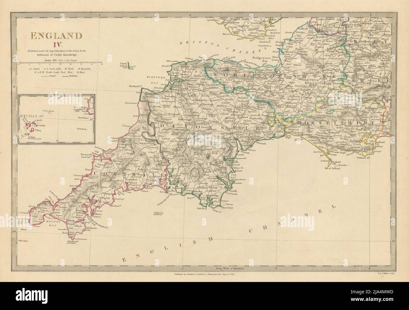 ENGLAND SÜD-WEST. Cornwall Devon Somerset Dorset Scilly Isles. SDUK 1844-Karte Stockfoto