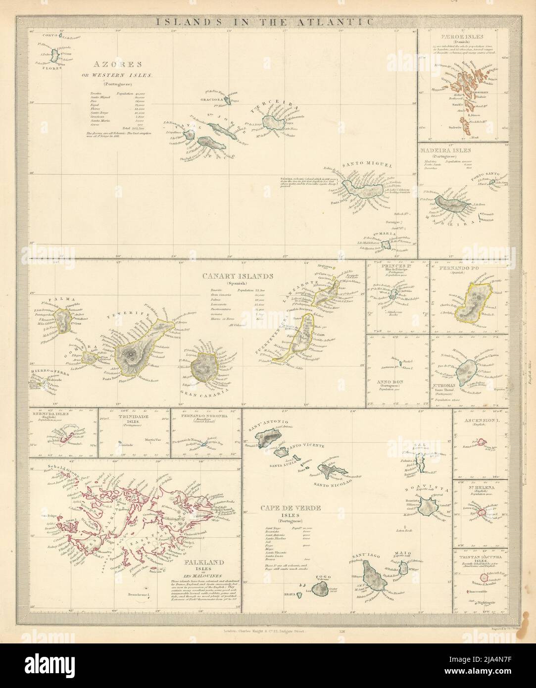 Atlantischen Inseln. Azoren Madeira Kanarische Bermuda Falkland Inseln Färöer. SDUK 1846 Karte Stockfoto