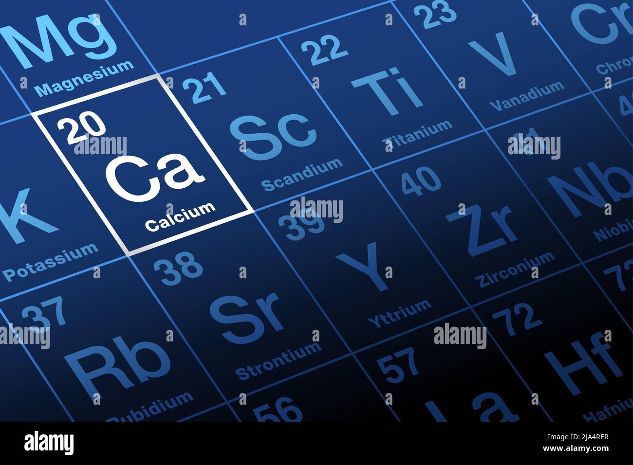 Kalzium auf dem Periodensystem der Elemente. Erdalkalisches Metall, mit Symbol Ca und Ordnungszahl 20. Stockfoto