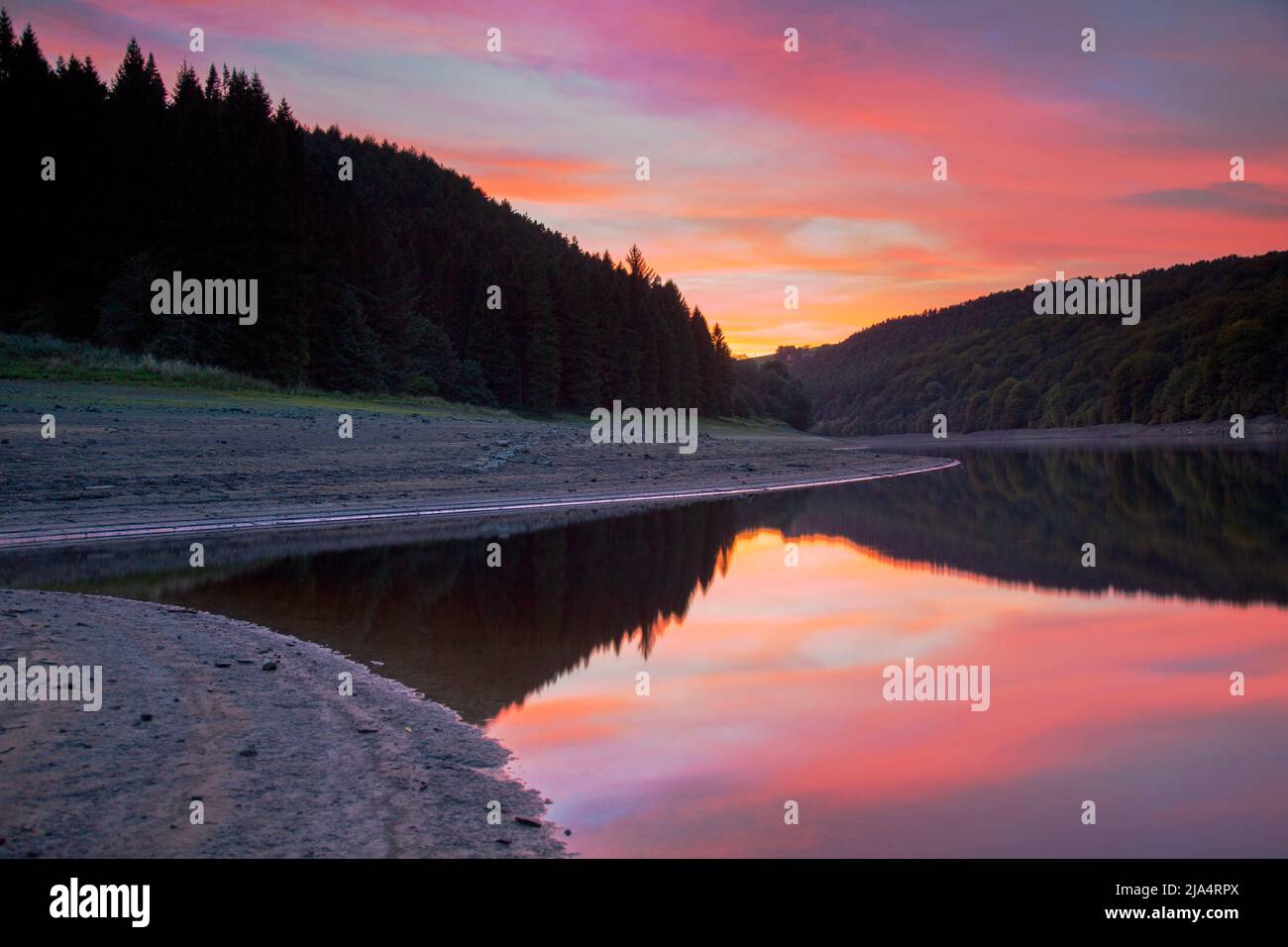 Ladybower Reservoir and Forest während der goldenen Stunde nach Sonnenuntergang im Peak District, Großbritannien Stockfoto