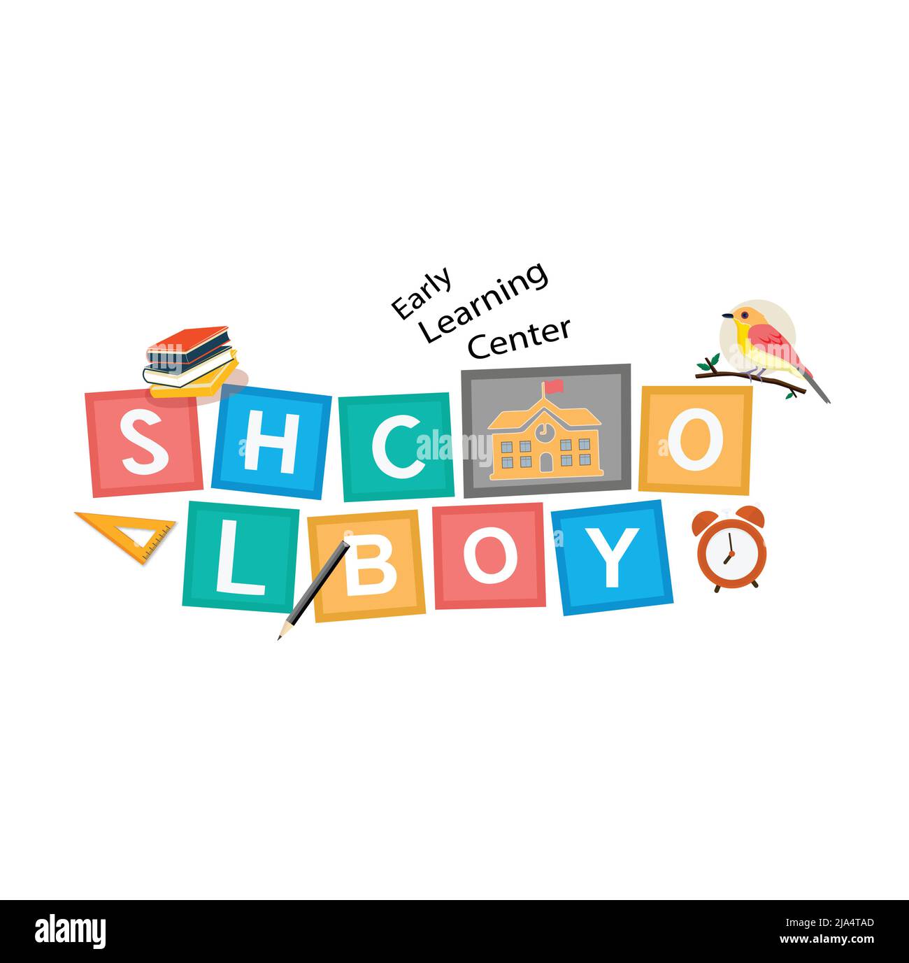 Design-Vorlage für School Boy-Logo. Kinder Schule Junge Vektor-Illustration mit Büchern, Uhr. Stock Vektor