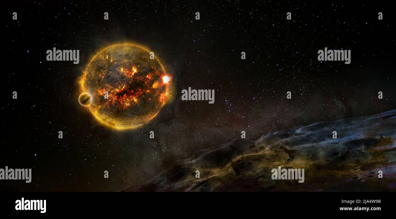Außerirdische Planetenlandschaft in der Nähe der Sonne. Elemente dieses Bildes, die von der NASA eingerichtet wurden. Stockfoto