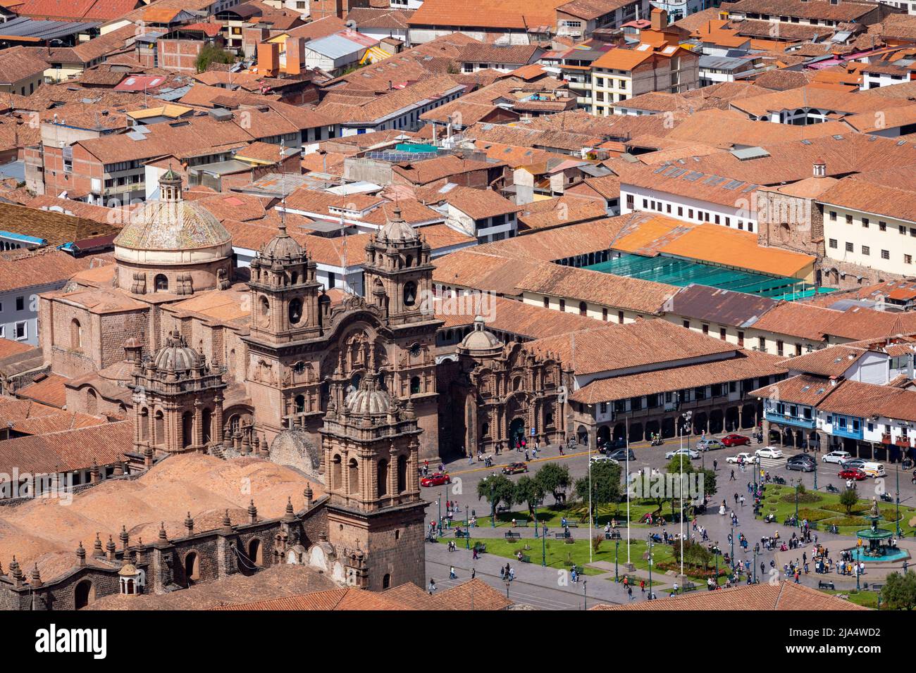 Cusco, Blick auf das Zentrum der Stadt Cusco mit der Kathedrale, Peru. Südamerika. Stockfoto