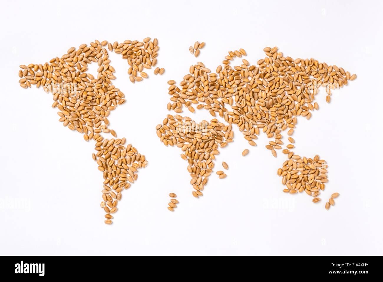 Weltkarte aus Weizenkörnern. Getreidekontinente. Konzept der globalen Nahrungsmittelknappheit und Hunger, des Exports und der Nahrungsmittelversorgungskette. Stockfoto