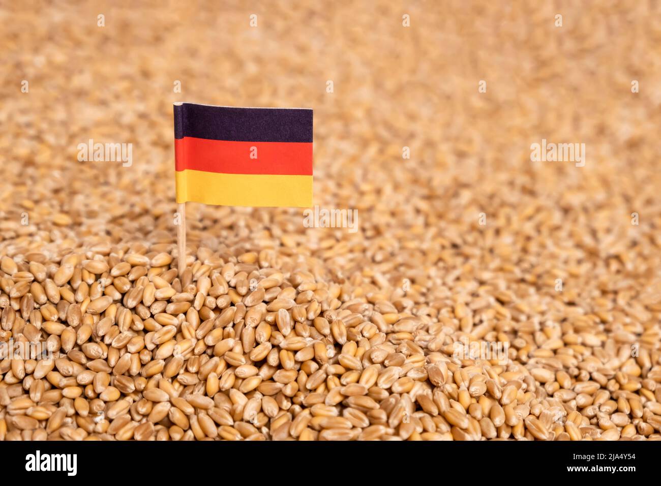 Deutsche Flagge im Weizenkorn Haufen als Hintergrund. Konzept von Nahrungsmittelknappheit, Getreideversorgungskrise und globaler Nahrungsmittelknappheit in Europa und Deutschland Stockfoto