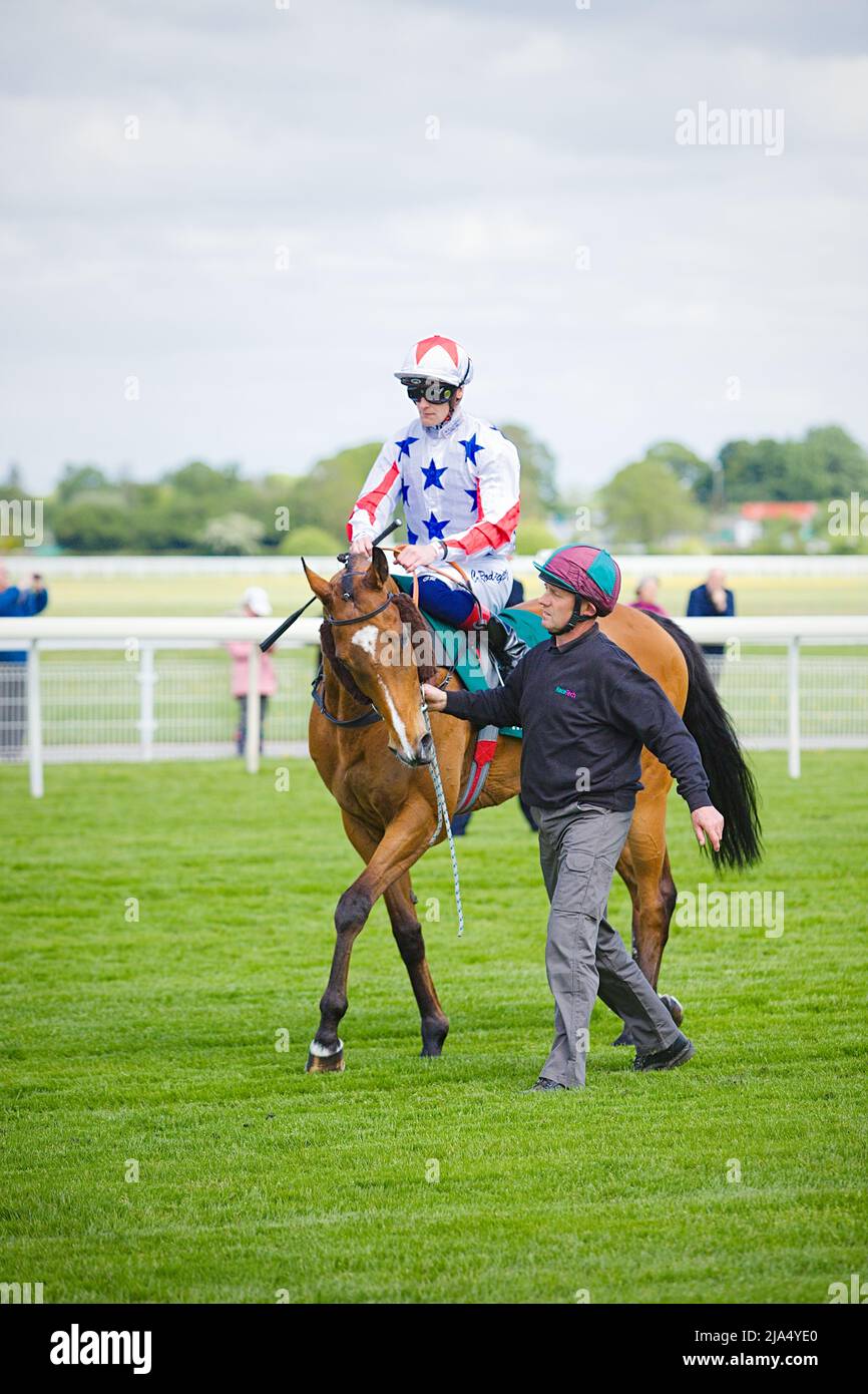 Jockey Callum Rodriguez über What's the Story auf der Pferderennbahn von York. Stockfoto