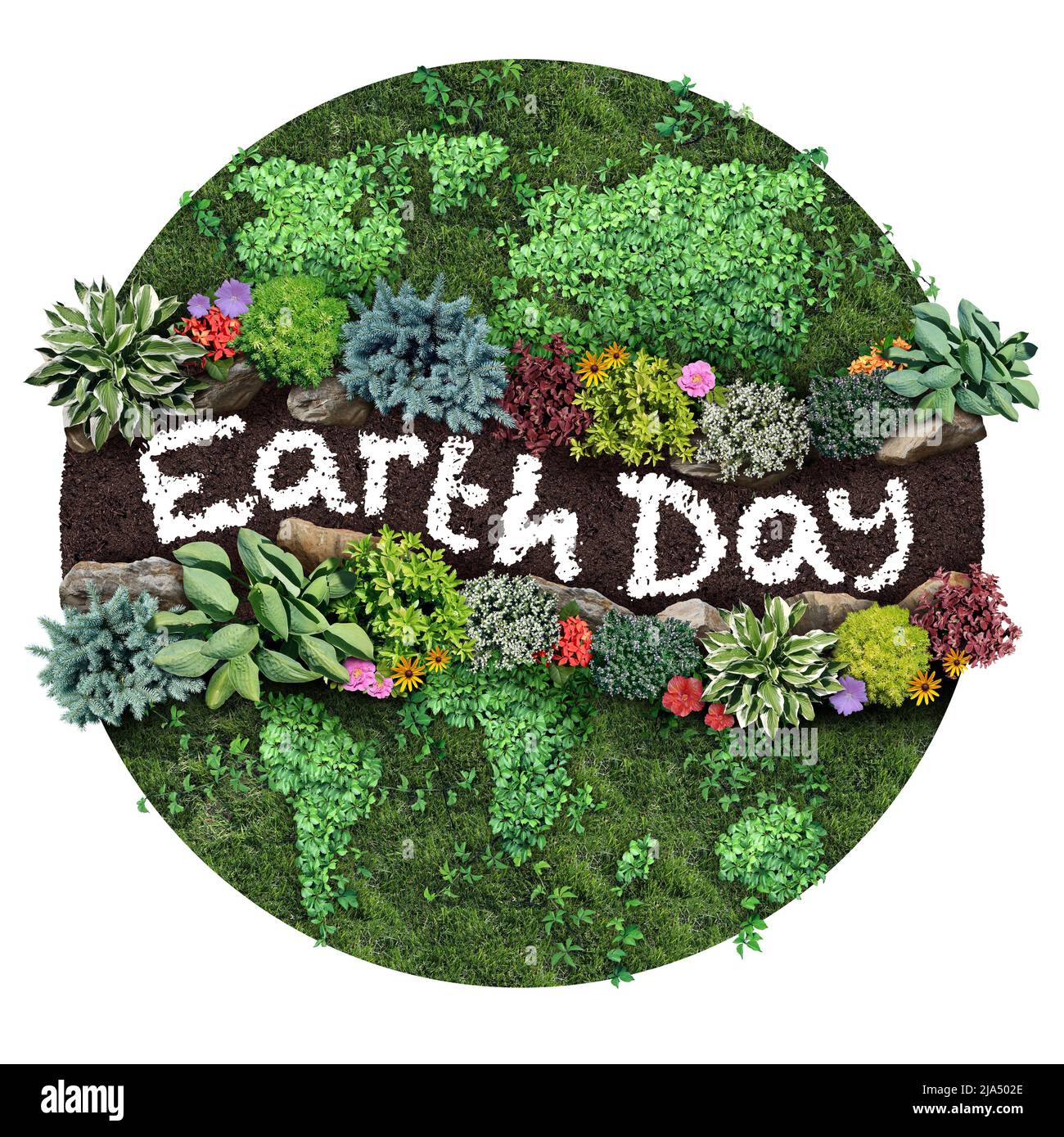 Welt-Erde-Tag-Symbol-Feier als internationales Konzept des Klimawandels oder als umweltfreundlicher Lebensraumschutz als Pflanzen, die wie der Planet geformt sind. Stockfoto
