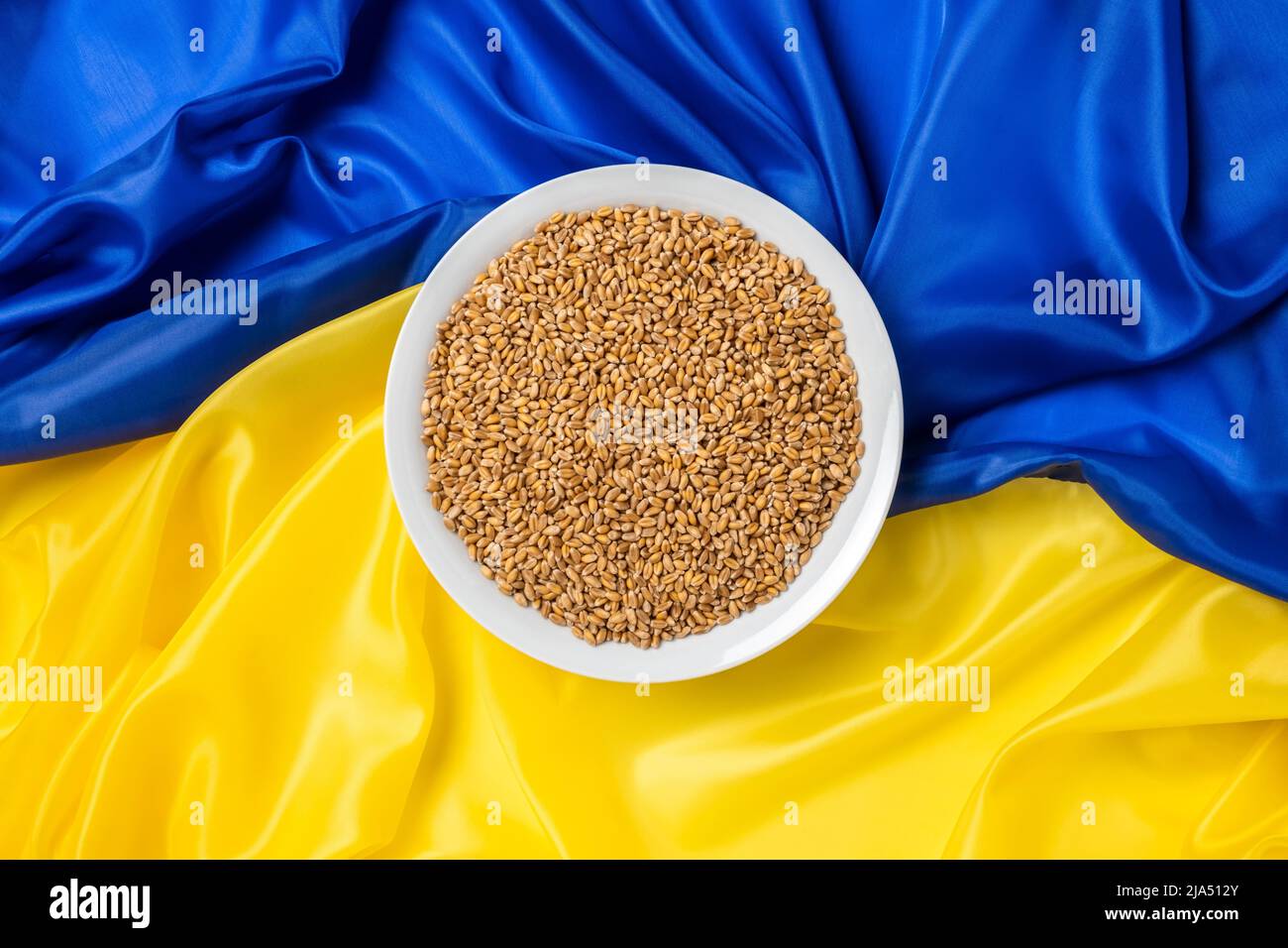 Weizenkörner in Schale oder Teller auf gelber und blauer ukrainischer Flagge als Hintergrund. Konzept der Nahrungsmittelversorgungskrise und der globalen Nahrungsmittelknappheit wegen des Krieges Stockfoto