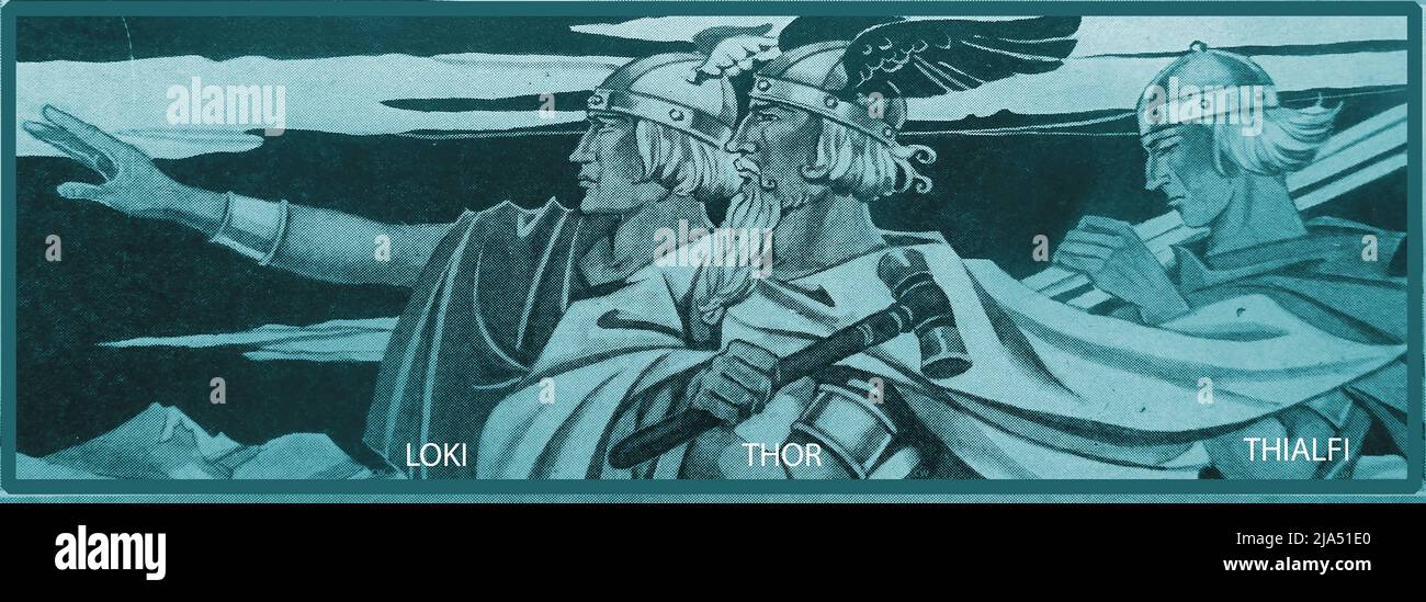 Nordische Mythologie, der Gott Thor mit Loki und seinem Diener Thialfi - Νορβηγική μυθολογία, ο Θεός Θορ με τον Λόκι και τον υπηρέτη του Θίαλφι. Stockfoto