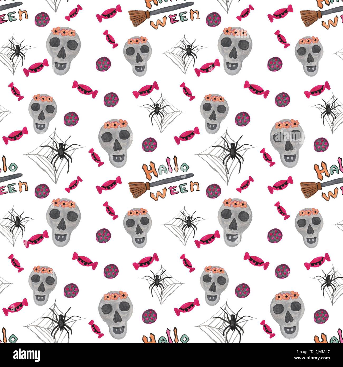 Halloween, nahtloses Muster auf weißem Hintergrund, Elemente werden in Aquarelltechnik von Hand gezeichnet Stockfoto