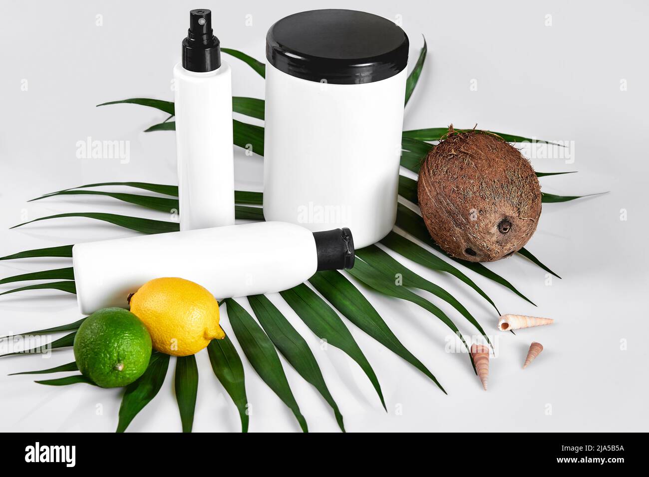 Naturkosmetik für Home Spa. Ansicht von oben Flaschen Creme, Shampoo, Maske mit ätherischen Öl, frisches Obst, Lime Green leaf Dekor, weißer Hintergrund Stockfoto