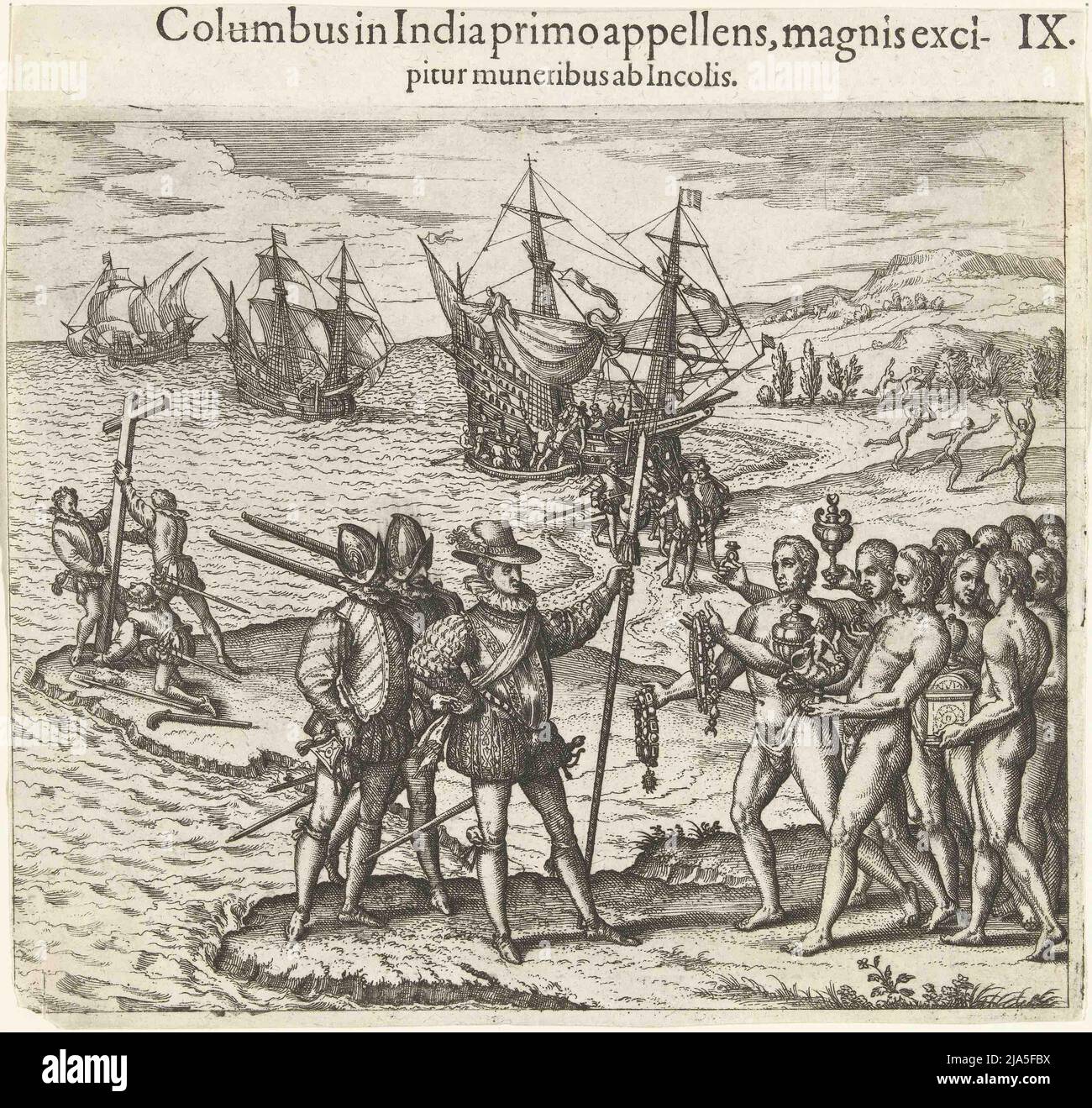 Titel: Christopher Columbus kommt in Amerika an. Von gesammelten Reisen in Ost- und Westindien Urheber: Theodore de Bry Datum: 1594 Maße: 18,6 x 19,6 cm Medium: Gravur Ort: Rijksmuseum Stockfoto