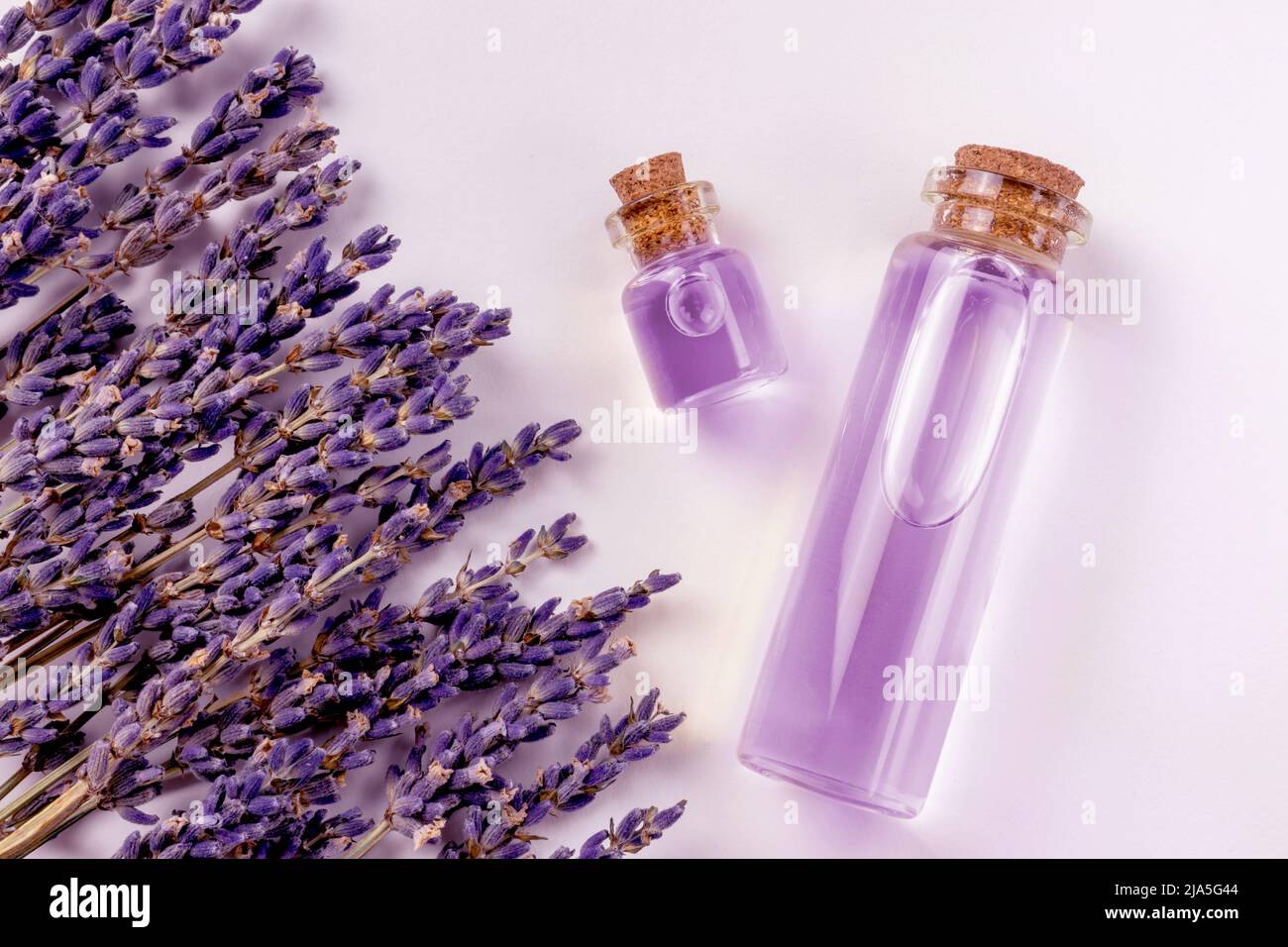 Ätherisches Lavendelöl in Glasflaschen für Spa oder violette oder violette Farbe mit rustikalen frischen Lavendelblüten Stockfoto