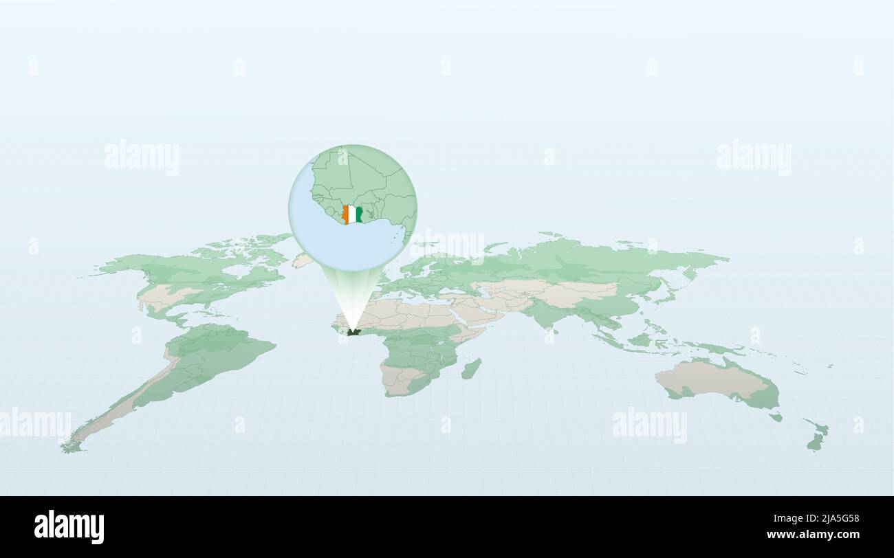 Weltkarte in Perspektive mit der Lage des Landes Elfenbeinküste mit detaillierter Karte mit der Flagge der Elfenbeinküste. Vektorgrafik. Stock Vektor