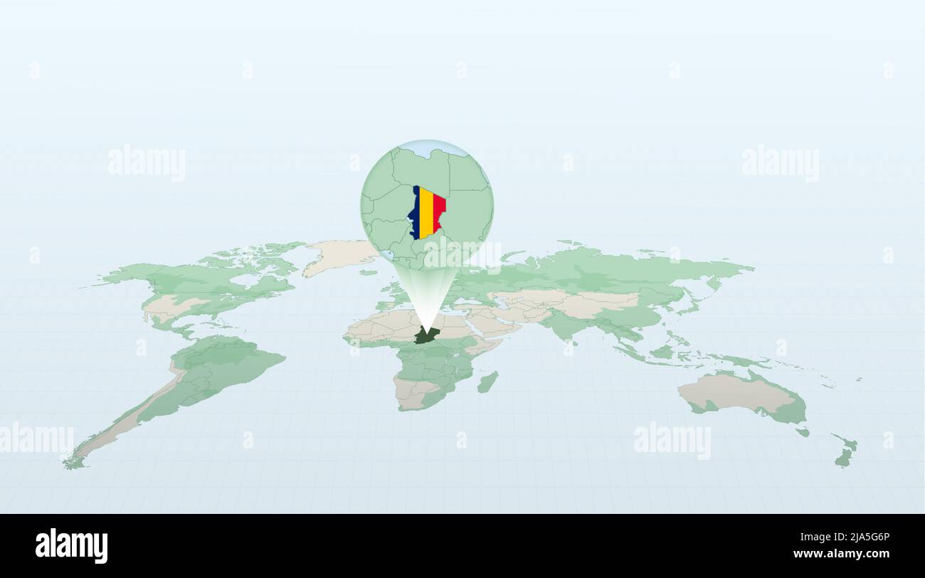 Weltkarte in Perspektive mit der Lage des Landes Tschad mit detaillierter Karte mit der Flagge des Tschad. Vektorgrafik. Stock Vektor