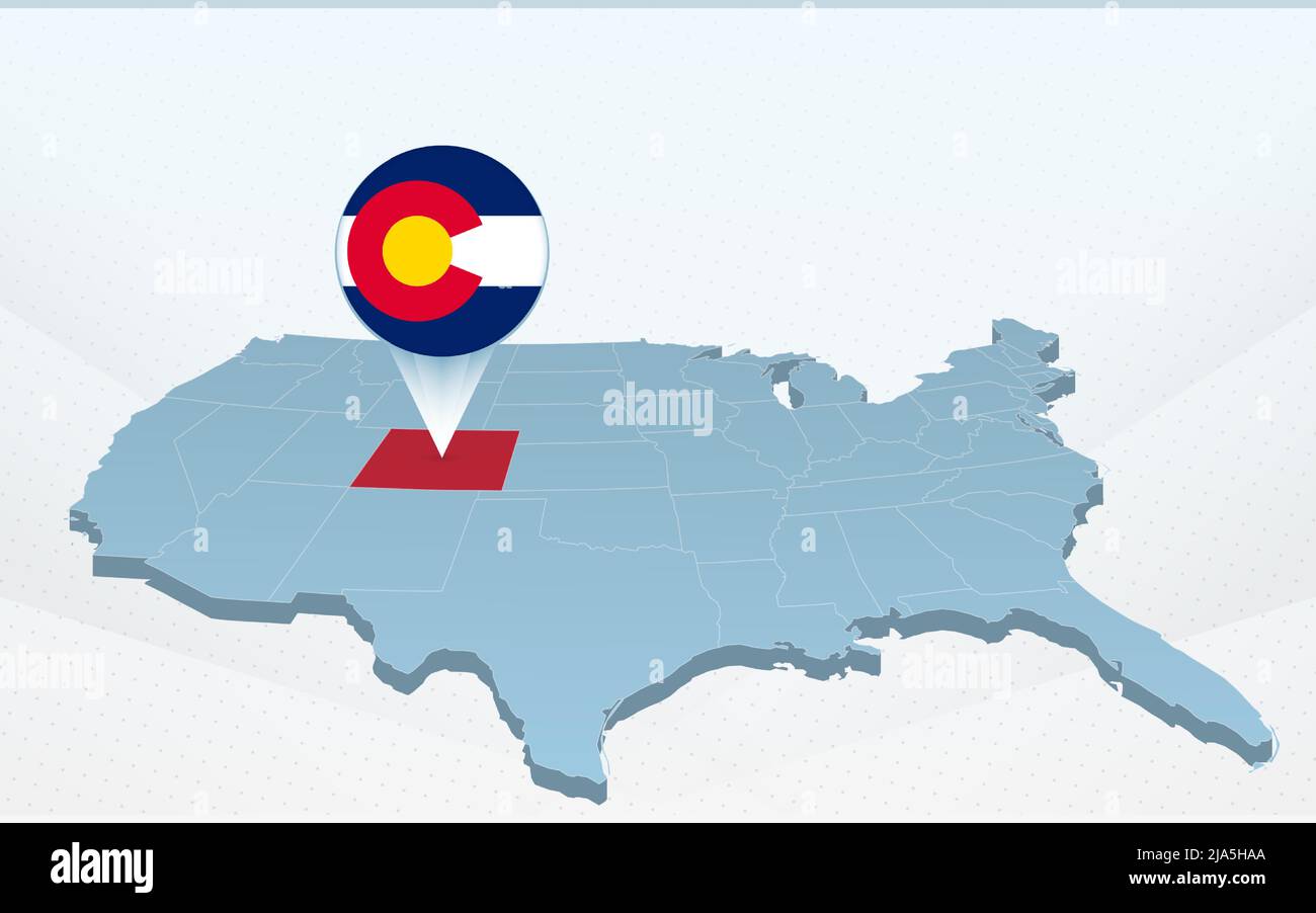 Colorado State Map auf der Karte der Vereinigten Staaten von Amerika in Perspektive. Vektordarstellung. Stock Vektor
