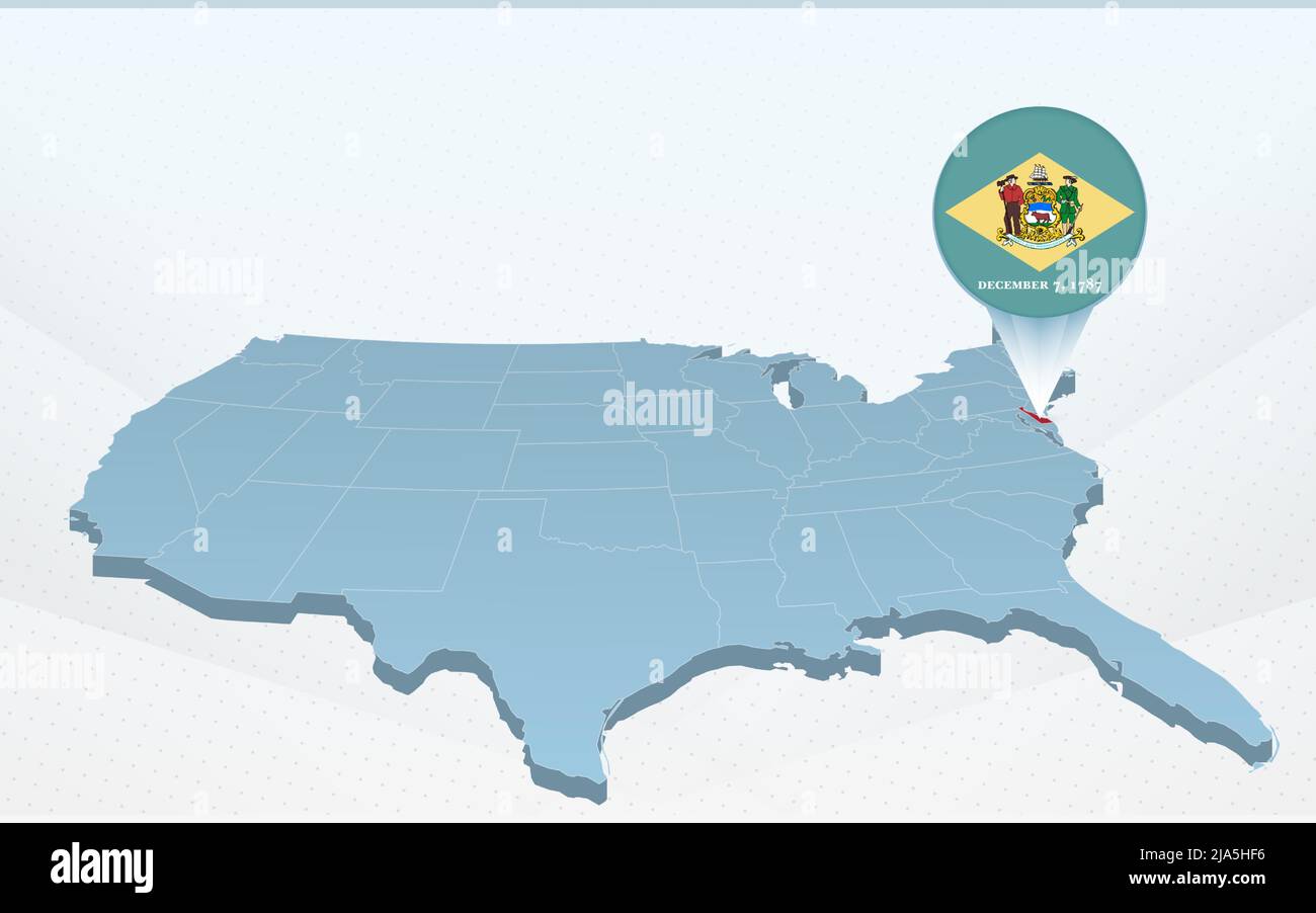 Delaware State Map auf der Karte der Vereinigten Staaten von Amerika in Perspektive. Vektordarstellung. Stock Vektor