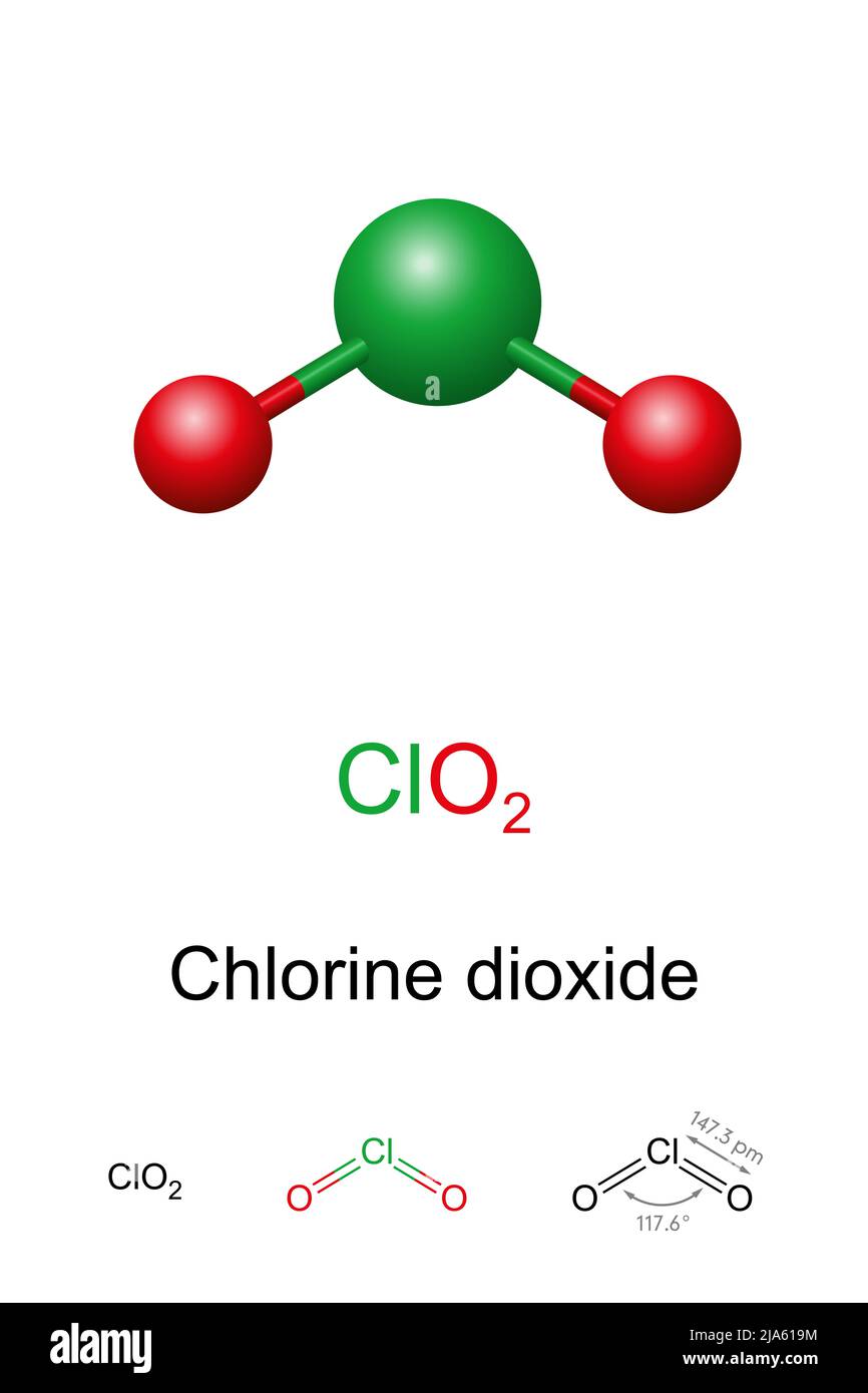 Chlordioxid, Ball-and-Stick-Modell, molekulare und chemische Formel ...