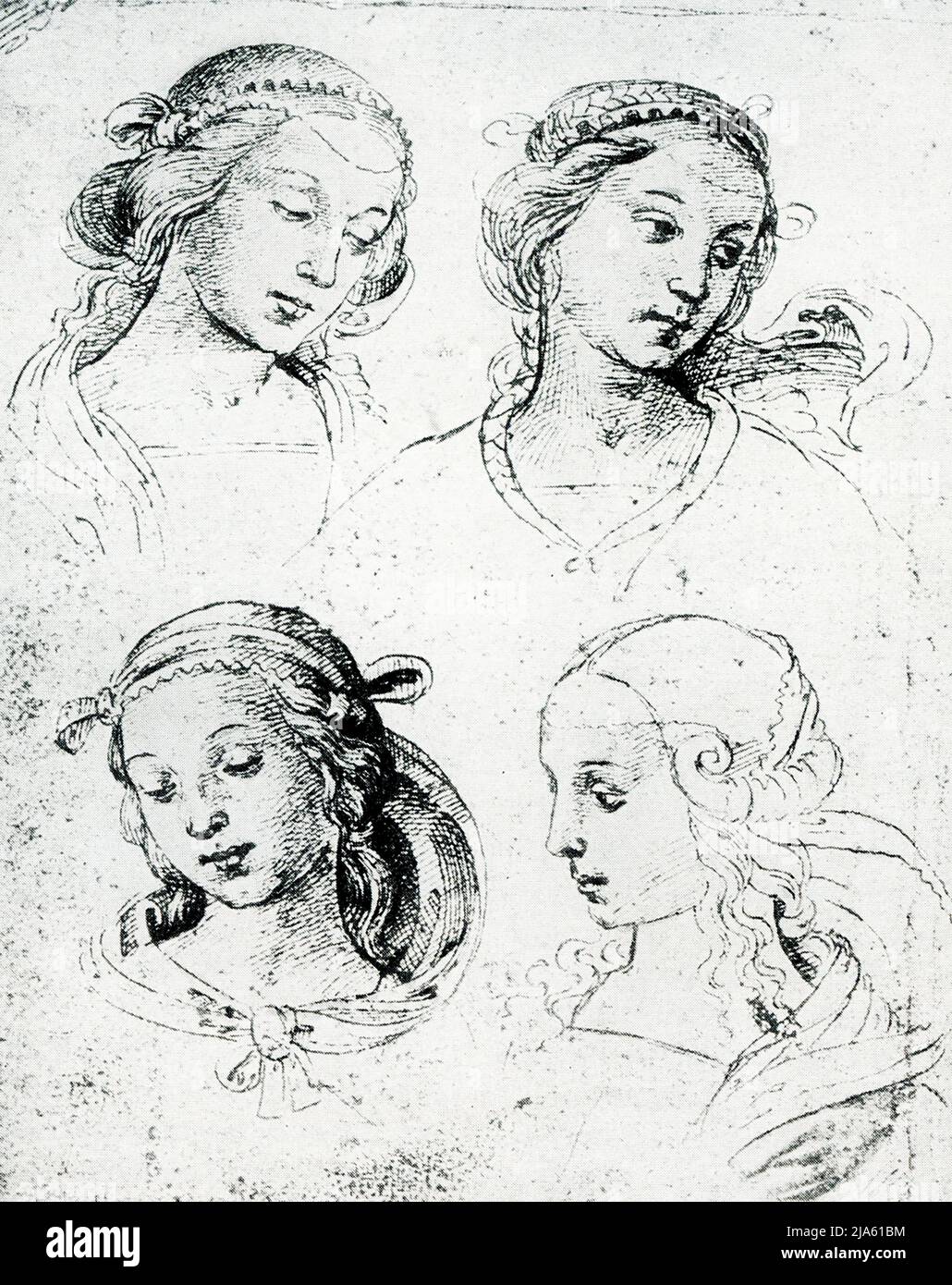 Diese Zeichnungen von Raphael (1483-1520) wurden in Sepia mit einem Stift angefertigt. Die Linien der Haare und Vorhänge sind fließend und frei, die dunklen Schatten durch eine schwerere Berührung oder Kreuzlinien suggeriert. Die Augen sind groß, sorgfältig platziert und sorgfältig gezeichnet. Die beiden oberen Köpfe wahrscheinlich mit braunem Buntstift gemacht. Die untere rechte Seite ist eine Stiftzeichnung voller robuster Einzelcharakter. Der italienische Maler und Architekt der Hochrenaissance war der italienische Sanzio da Urbino. Sein Werk wird für seine Klarheit der Form, die Leichtigkeit der Komposition und die visuelle Verwirklichung des neoplatonischen Ideals menschlicher Größe bewundert. Stockfoto