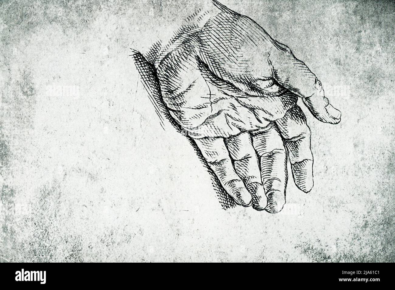 Diese Zeichnung einer Hand ist von Raphael (1483-1520). Das weiche Kissen der Handfläche und die spitzen Fingerspitzen scheinen eher ein Gefühl von Zartheit als Stärke zu geben. Der italienische Maler und Architekt der Hochrenaissance war der italienische Sanzio da Urbino. Sein Werk wird für seine Klarheit der Form, die Leichtigkeit der Komposition und die visuelle Verwirklichung des neoplatonischen Ideals menschlicher Größe bewundert Stockfoto