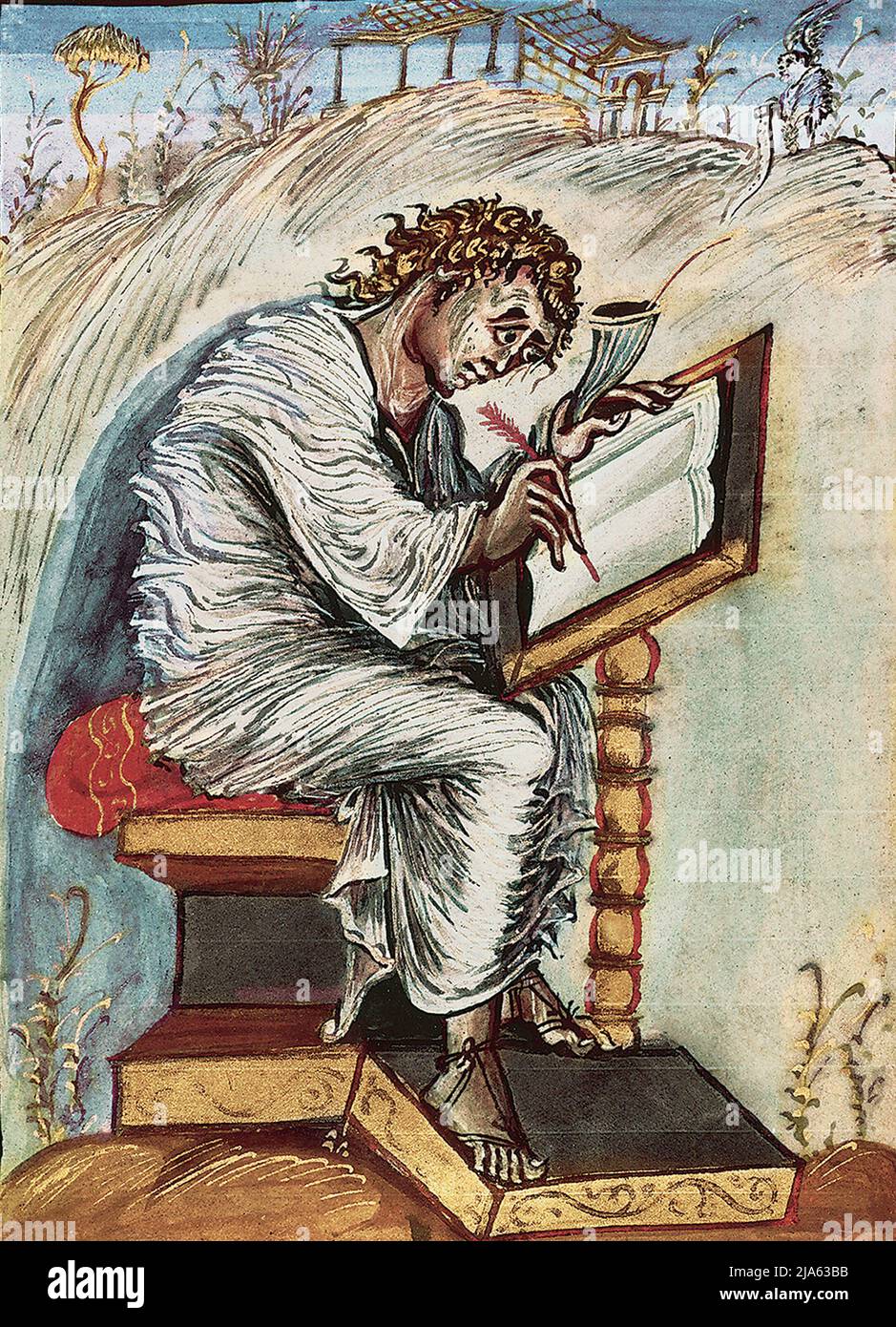 Matthäus aus den Evangelien von Ebbo, ein Bilderbuch aus dem 9.. Jahrhundert, das diese überraschend modernen und untypischen Illustrationen enthält Stockfoto