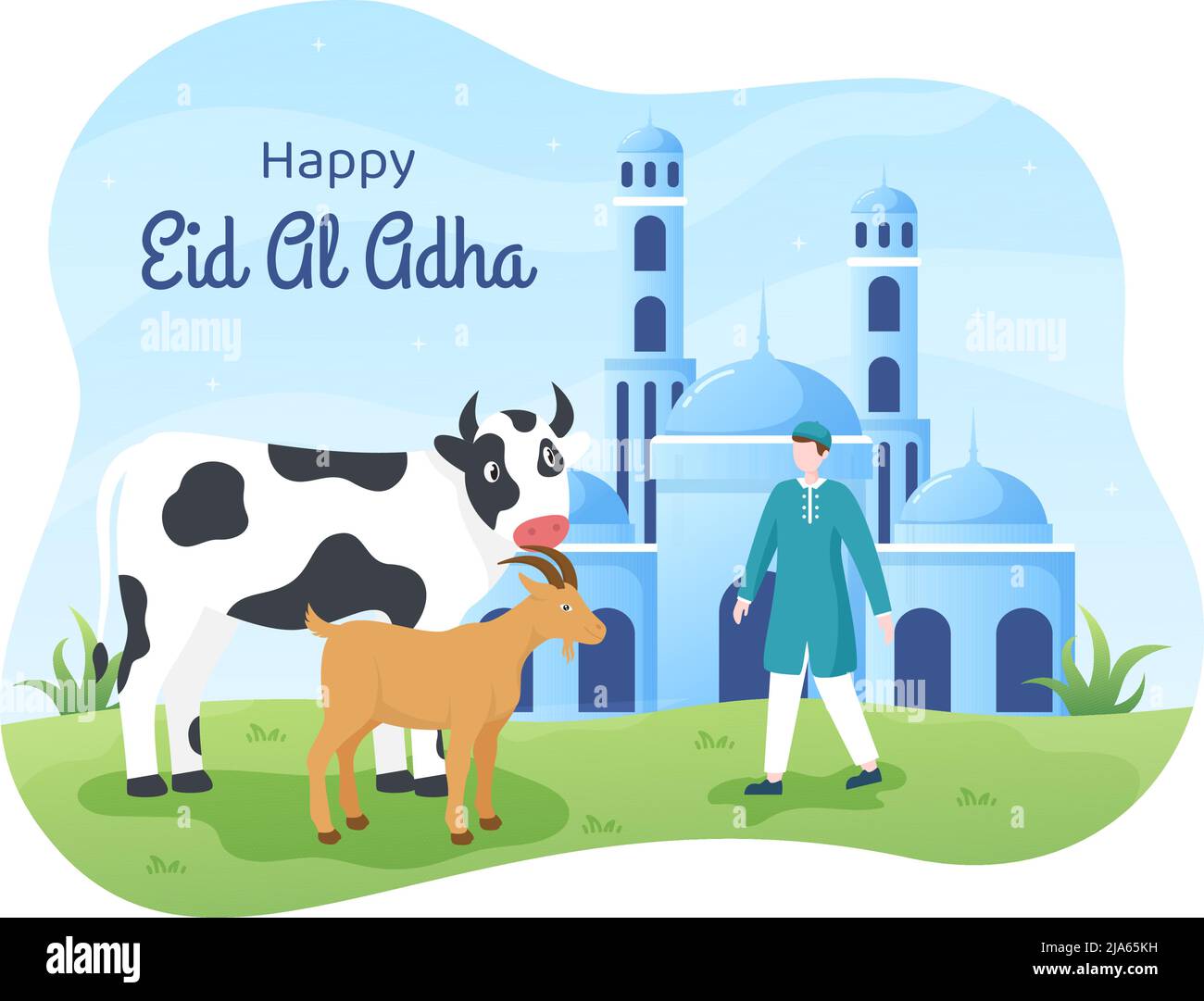 Eid al Adha Hintergrund Cartoon Illustration zur Celebration of Muslim with slaughtering an Animal as a Cow, Goat or Camel and share it Stock Vektor