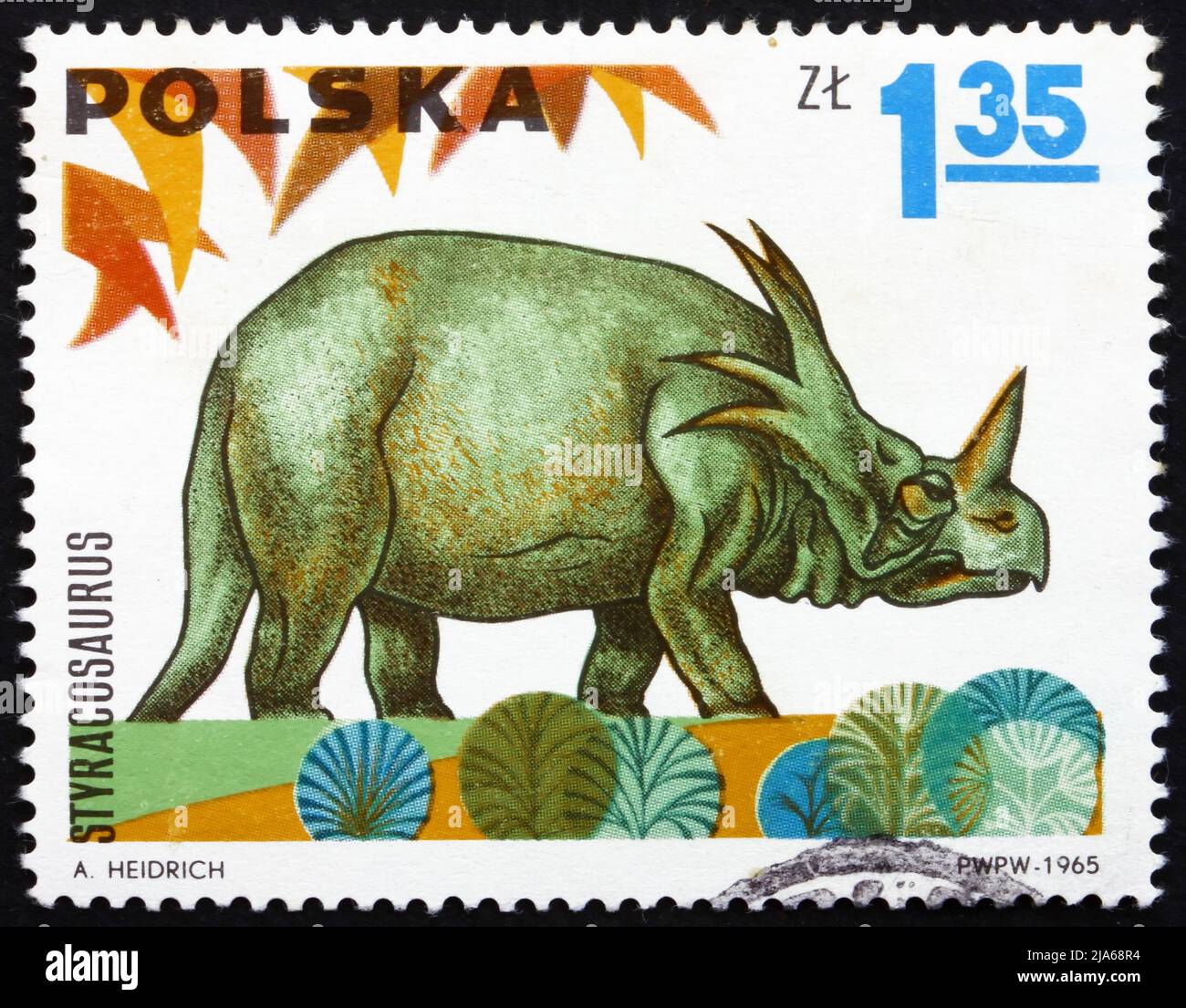 POLEN - UM 1965: Eine in Polen gedruckte Briefmarke zeigt Styracosaurus, Dinosaurier, um 1965 Stockfoto