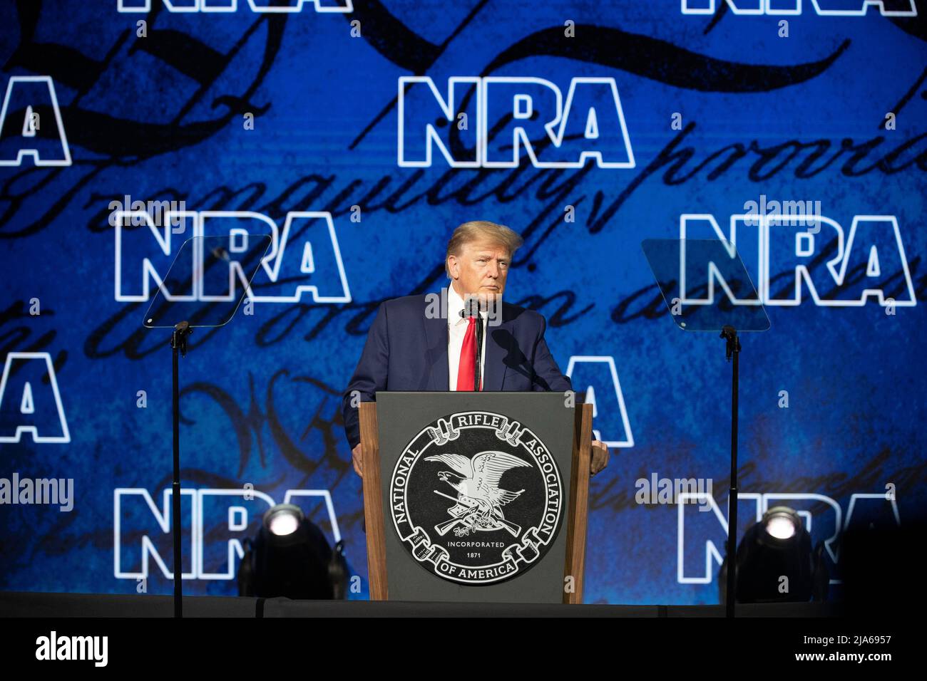 Houston, Usa. 27.. Mai 2022. Der ehemalige US-Präsident DONALD TRUMP hält die Keynote beim jährlichen Führungsforum der National Rifle Association (NRA). Kredit: Bob Daemmrich/Alamy Live Nachrichten Stockfoto