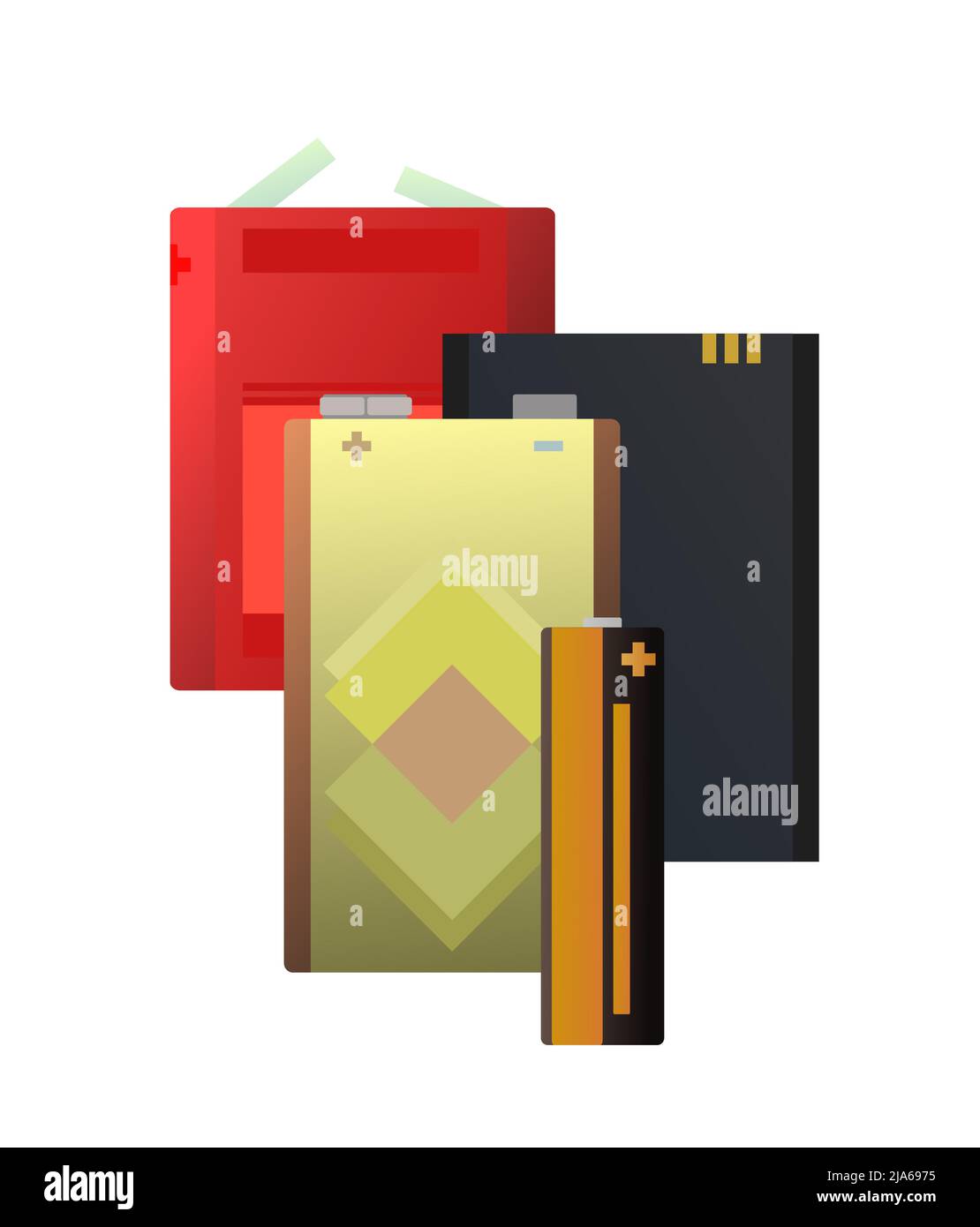 Eine bestimmte Batterieenergiequelle. Stromspeicher. Galvanische Zelle. Elektrolytische Dissoziation. Isoliert auf weißem Hintergrund. Salz und Helium Lithium o Stock Vektor