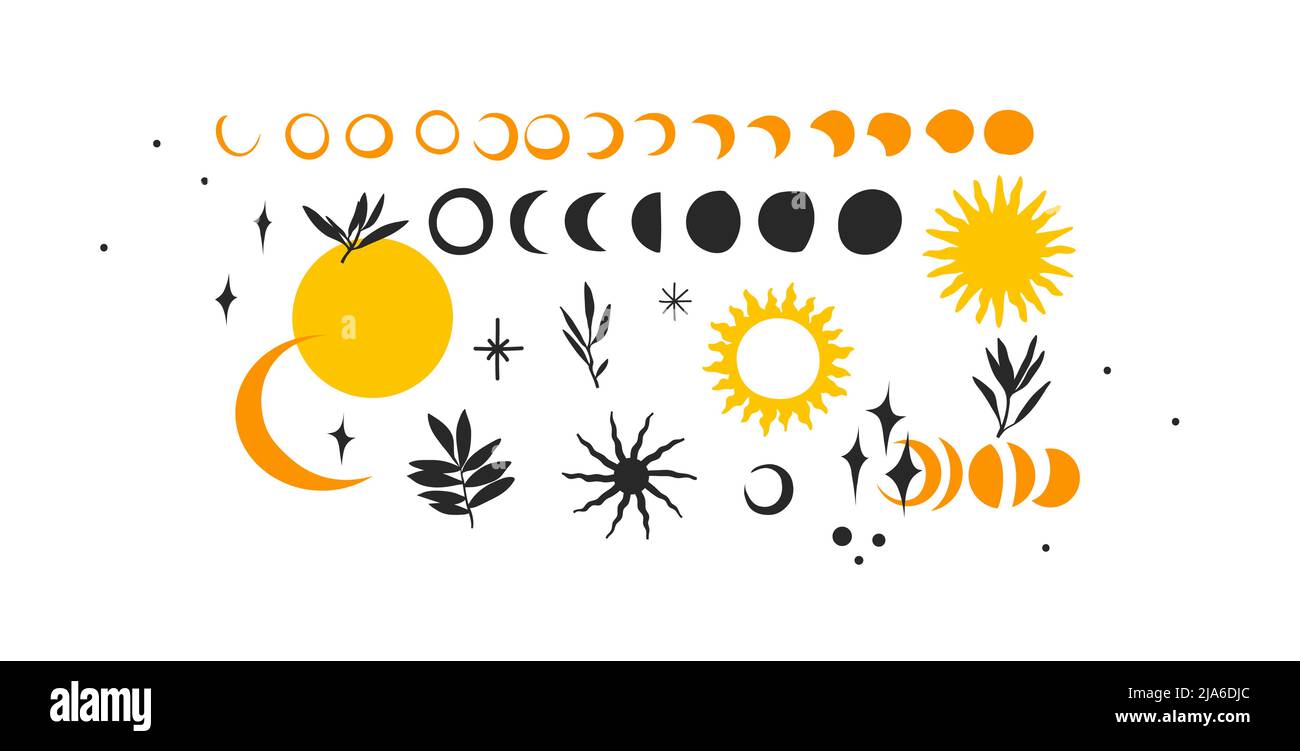 Handgezeichneter Vektor abstrakt Stock flach Grafik Illustrationen Icons Sammlung Set mit Logo-Elementen, magische heilige Boho Mondphasen, Sterne, Sonne Stock Vektor