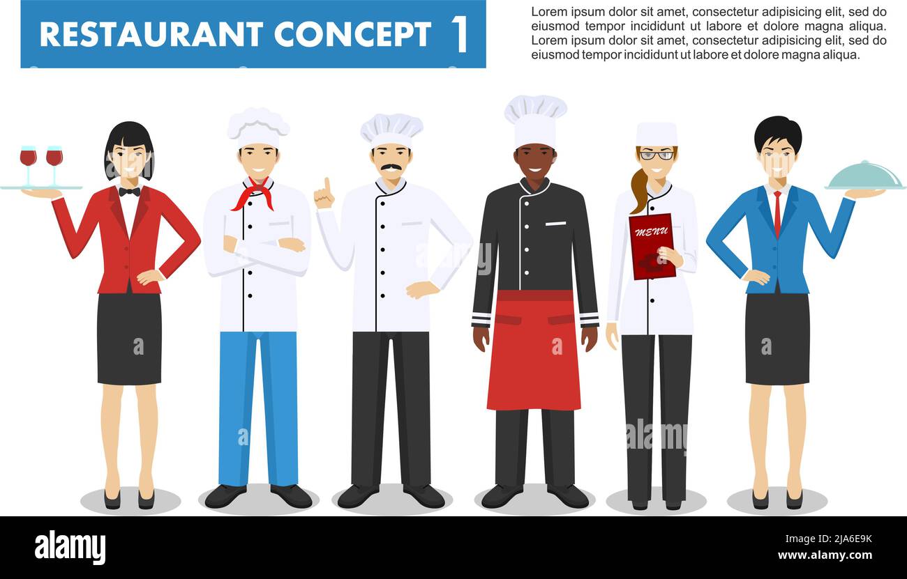 Detaillierte Darstellung von Chefkoch, Köchin, Sommelier und Kellnerin, die in verschiedenen Positionen in flachem Stil auf weißem Hintergrund isoliert stehen Stock Vektor