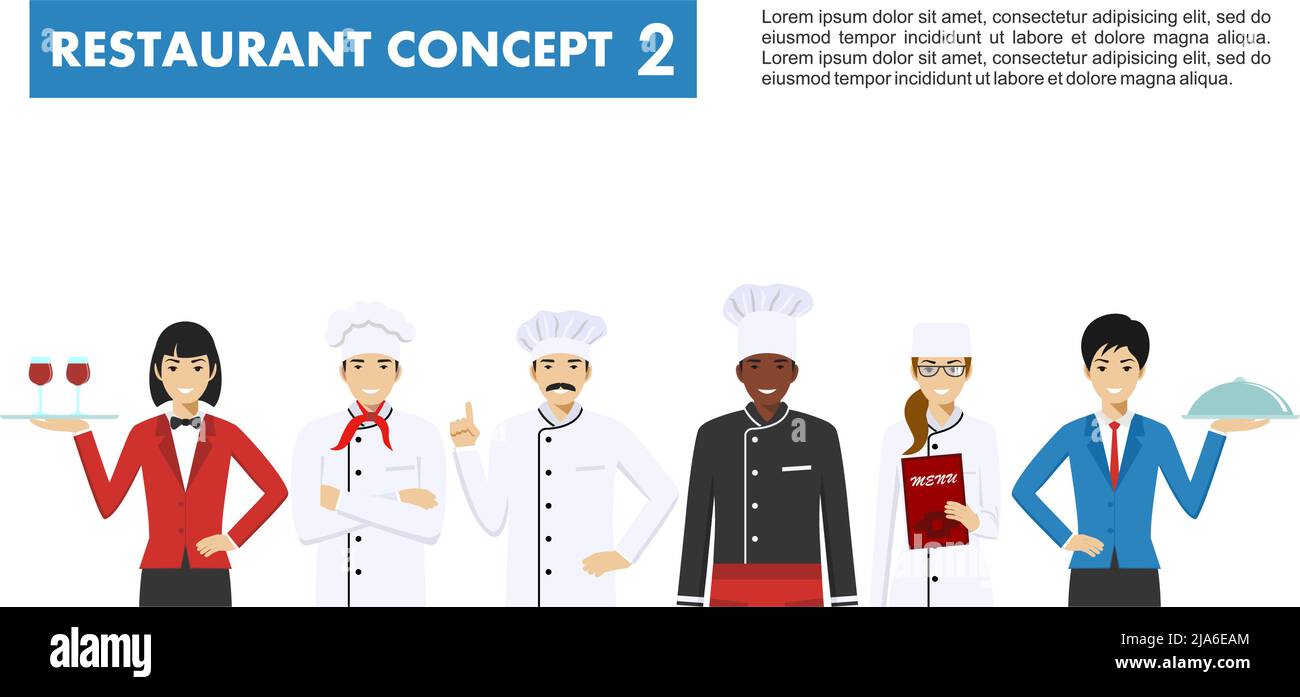 Detaillierte Darstellung von Chefkoch, Köchin, Sommelier und Kellnerin, die in verschiedenen Positionen in flachem Stil auf weißem Hintergrund isoliert stehen Stock Vektor