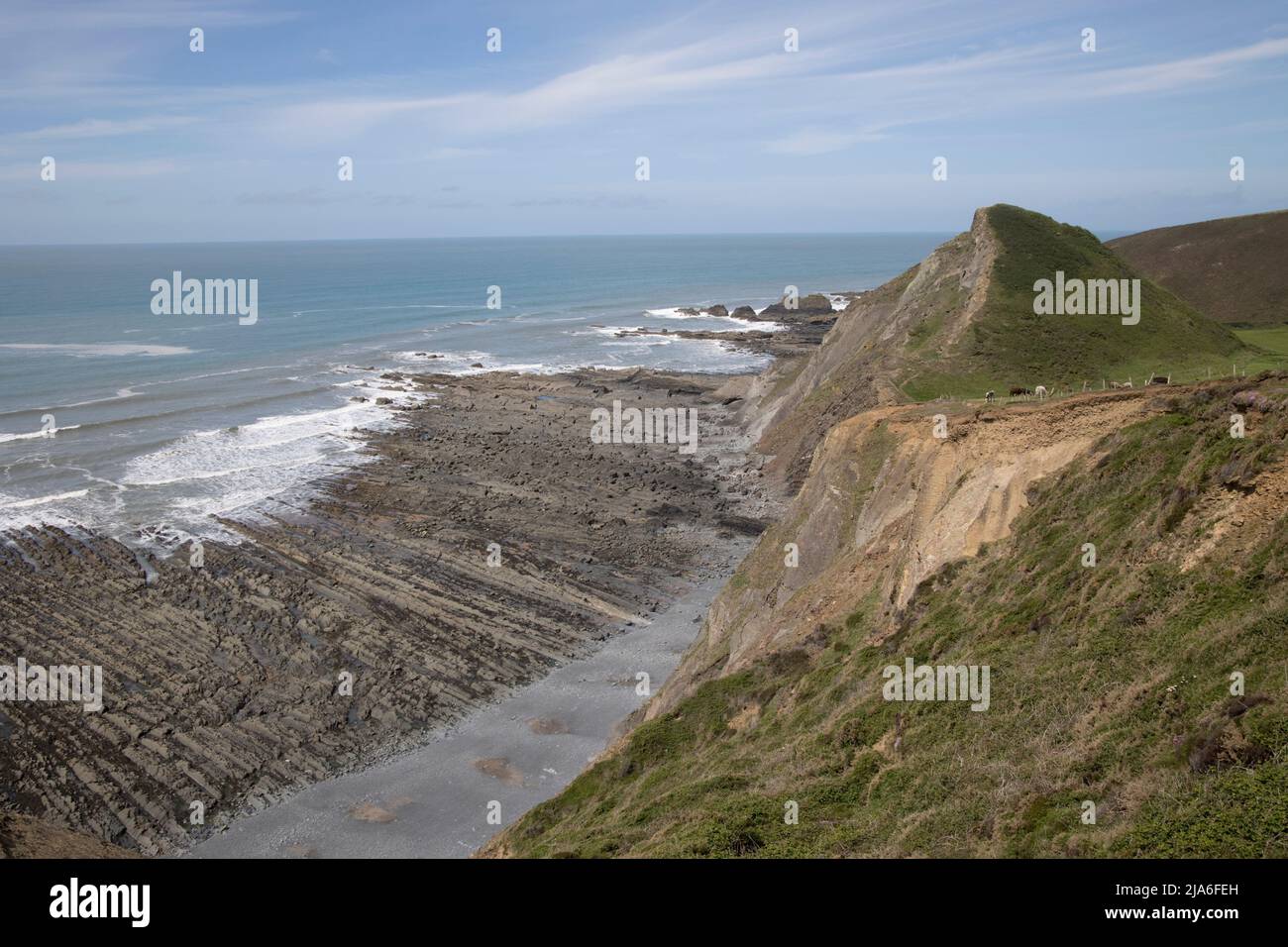 Ungewöhnliche Felsformationen bei Ebbe bei Speke's Waterfall Mündung in der Nähe von Hartland Point North Devon Stockfoto