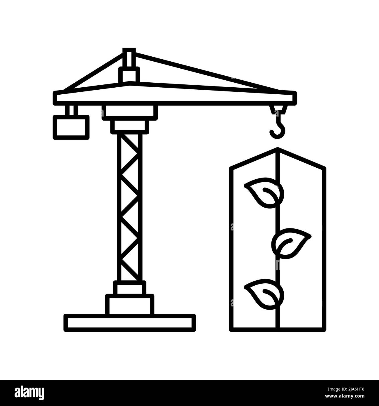 Umweltfreundliche Bauindustrie. Symbol für umweltfreundliche Gebäudelinie. Turmkran und Gebäude mit Blättern. Ökologischer Wohnraum. Nachhaltiges Leben. Stock Vektor