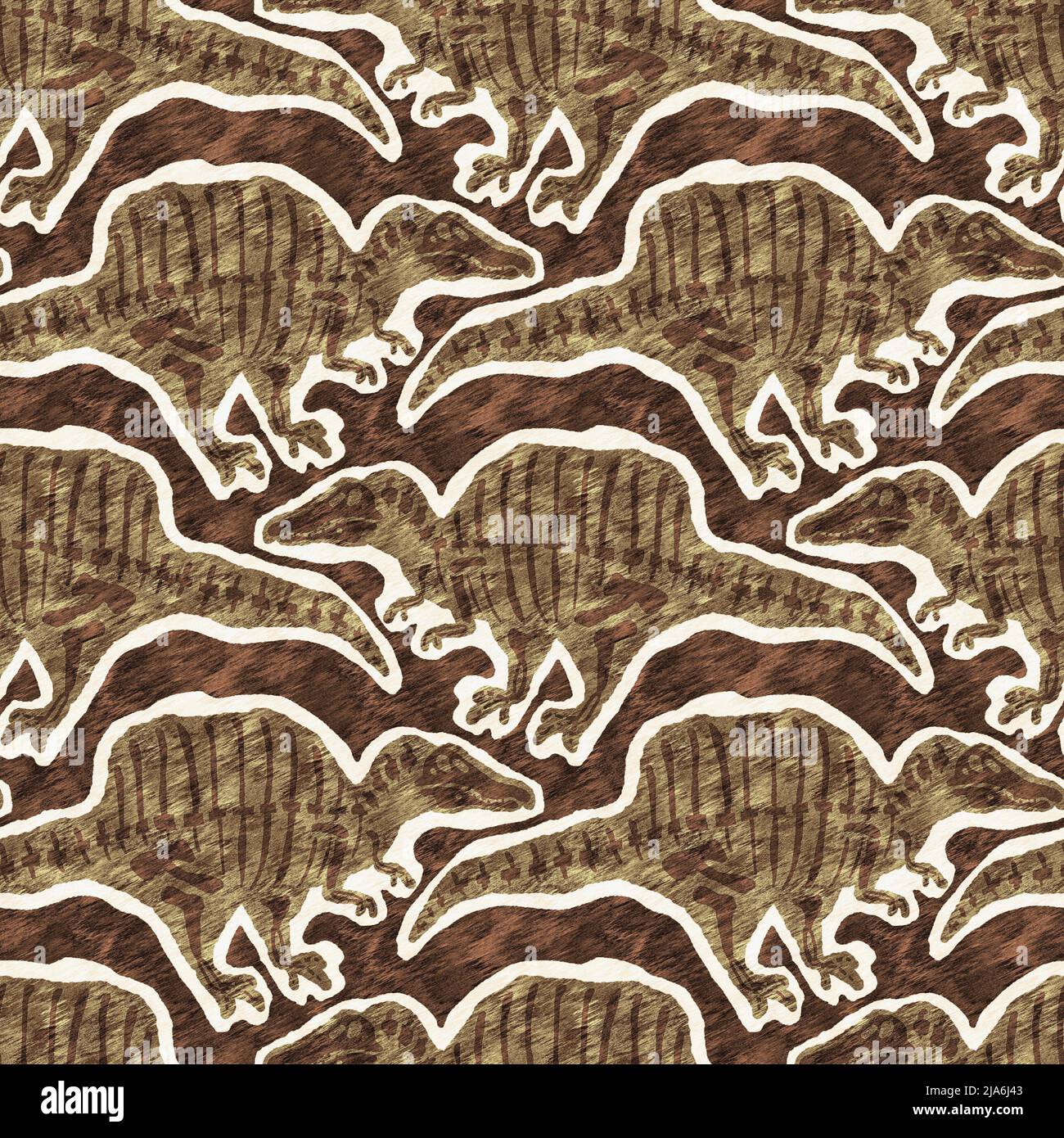 Braun handgezeichnete Spinosaurus fossile Knochen Dinosaurier nahtloses Muster. Geschlechtsspezifische neutrale jurassische Silhouette für die Babykrippe. Home Dekor für Museum Stockfoto