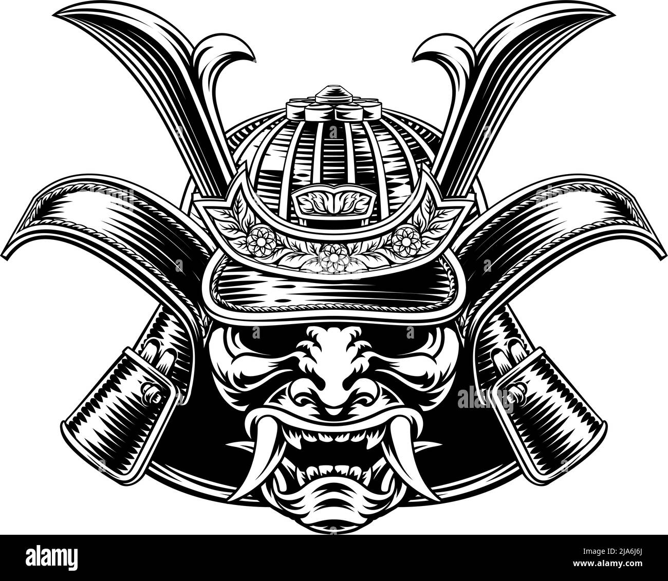 Samurai Maske Helm Vintage Ätzung Holzschnitt Stil Stock Vektor