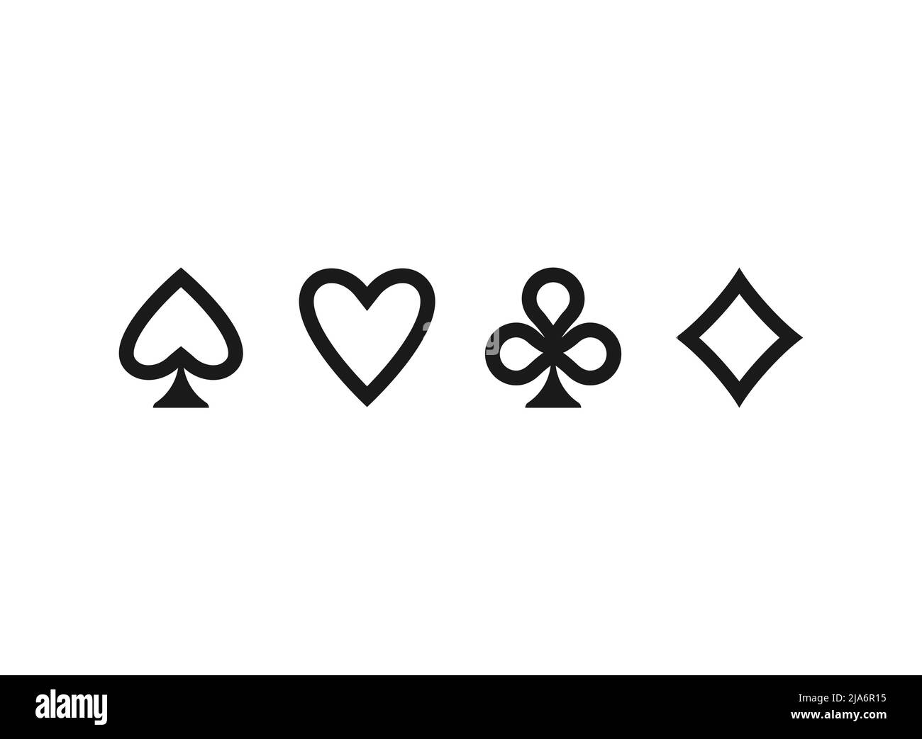 Poker Spielkarten passt zu Liniensymbolen - Pik, Herz, Diamanten und Schläger. Spielkarten-Kartenstapel-Symbole auf Weiß isoliert. Casino, Spiel, Party-Symbol. Stock Vektor