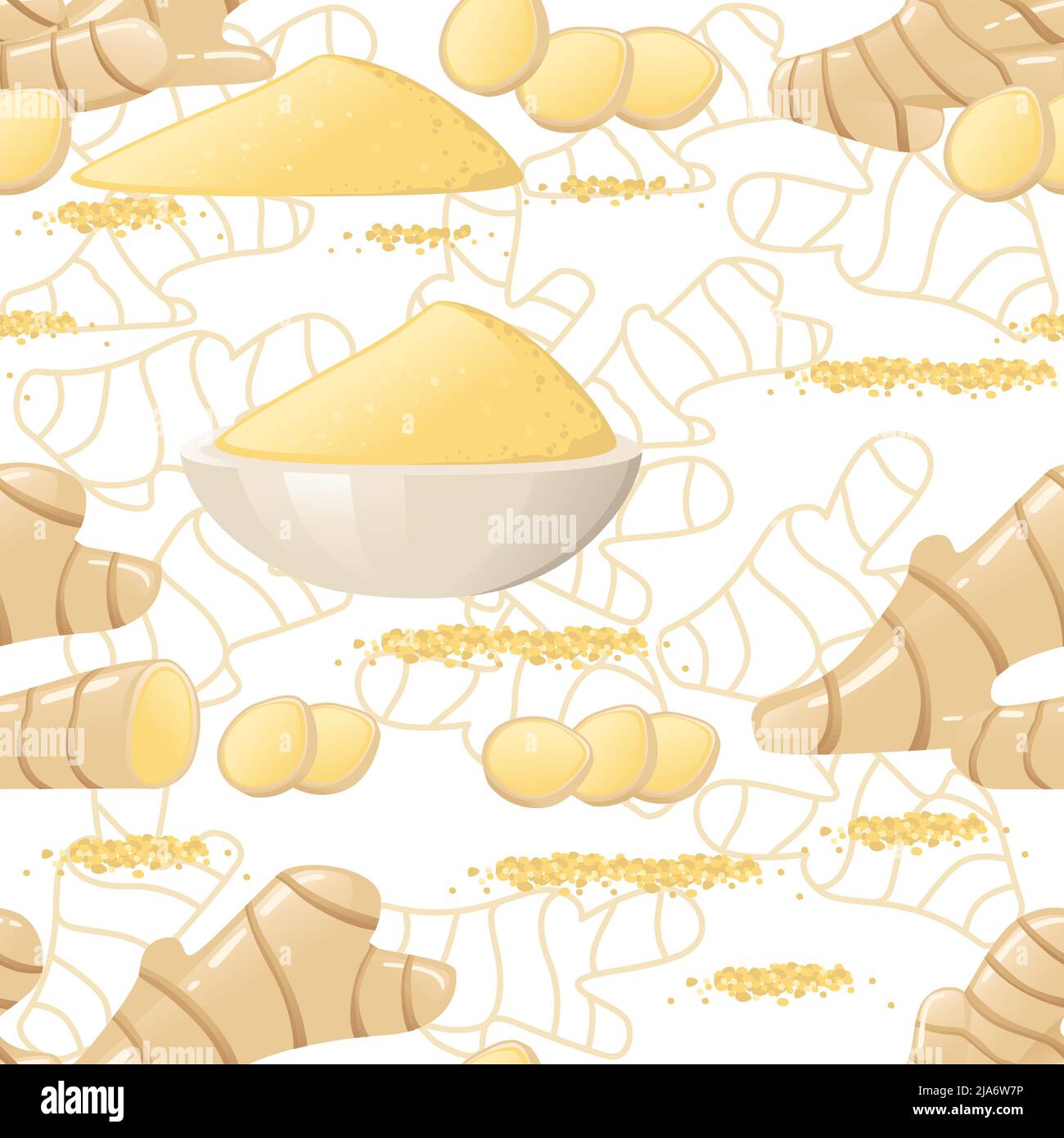 Nahtloses Muster der Ingwer-Würze mit Ganzpulver und gemahlener Ingwer-Vektor-Illustration Stock Vektor