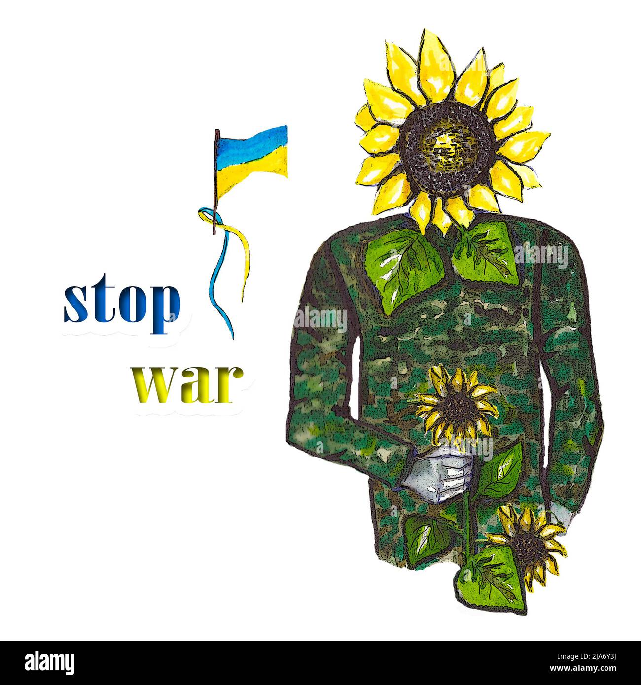 Aquarell-Illustration Sonnenblume in Soldatenform.Militäruniform mit Sonnenblume.Blühende Sonnenblumen.Stoppt den Krieg.Ruhm der Ukraine.unterstützt die Ukraine.Nein Stockfoto